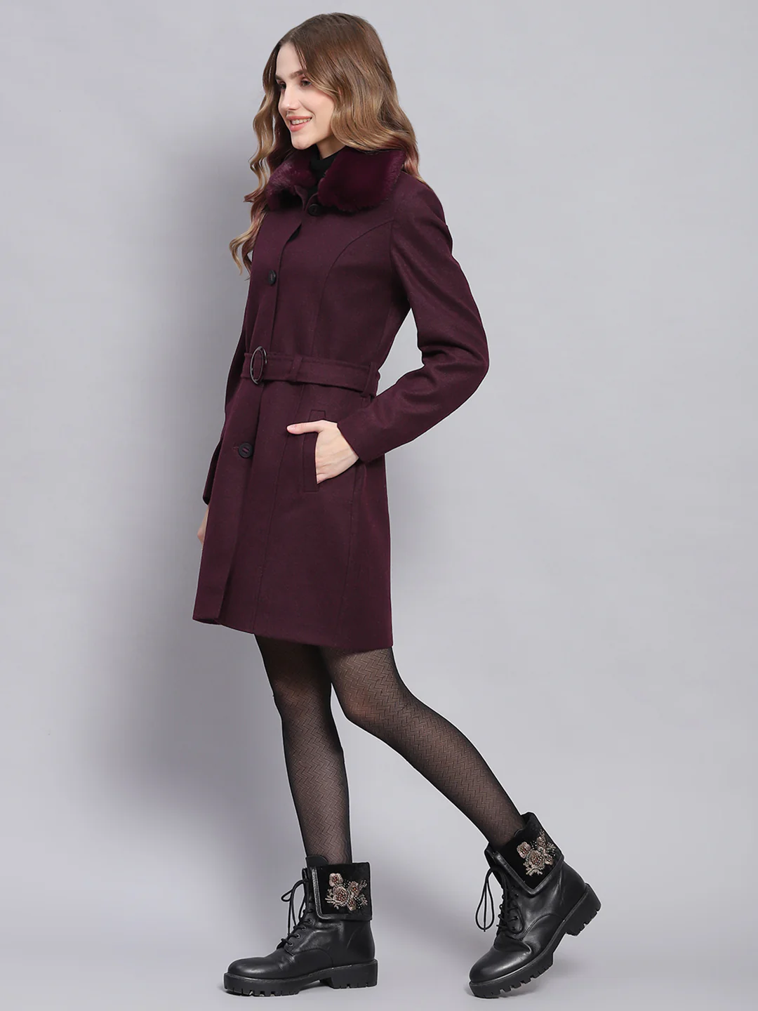Women Maroon Solid Collar Full Sleeve Coats - Image 3