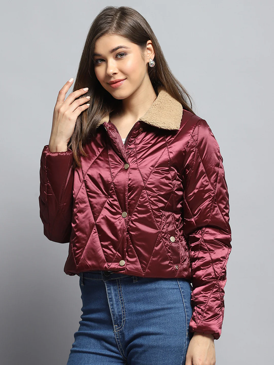 Women Maroon Solid Collar Full Sleeve Jacket - Image 3