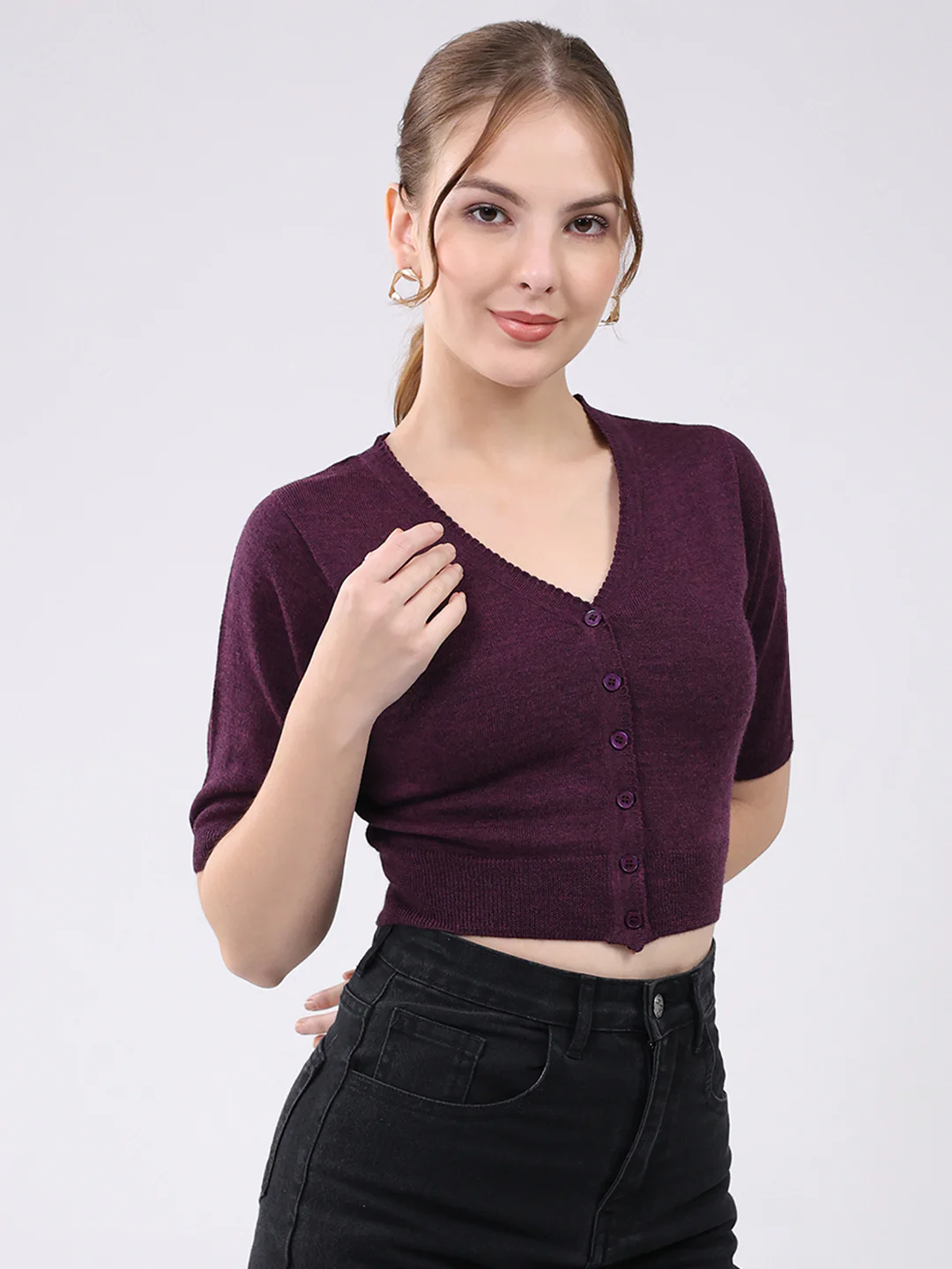 Women Maroon Solid Front Open Half Sleeve Cardigan - Image 4