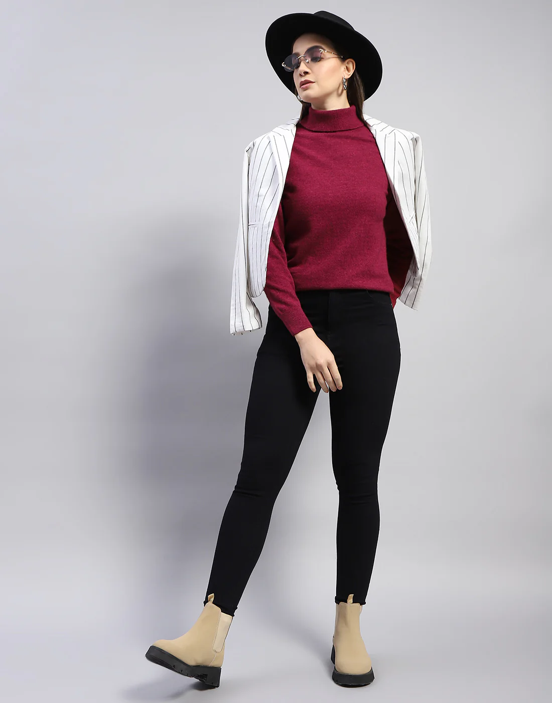 Women Maroon Solid High Neck Full Sleeve Top - Image 3
