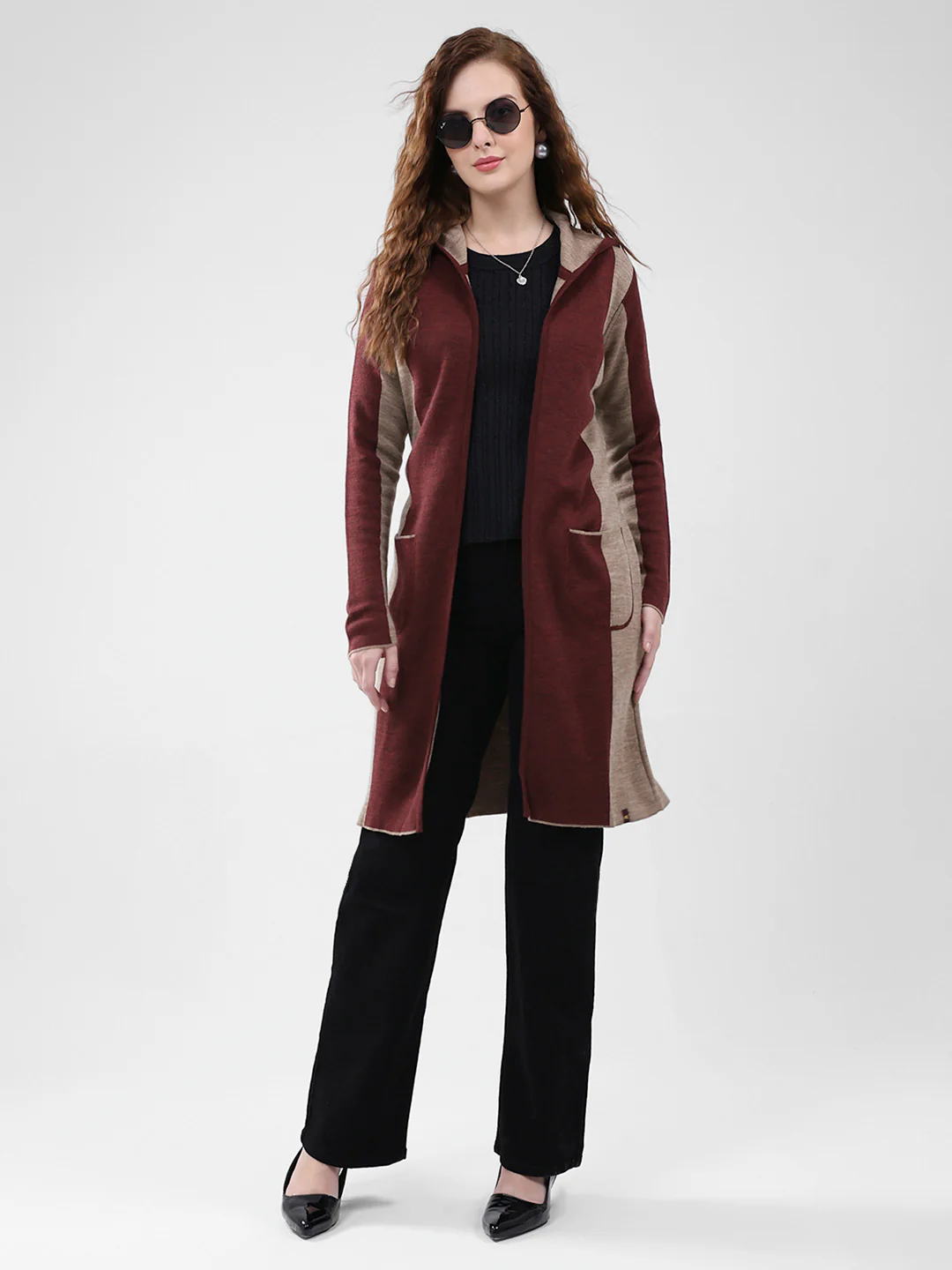 Women Maroon Solid Hooded Full Sleeve Cardigan - Image 2