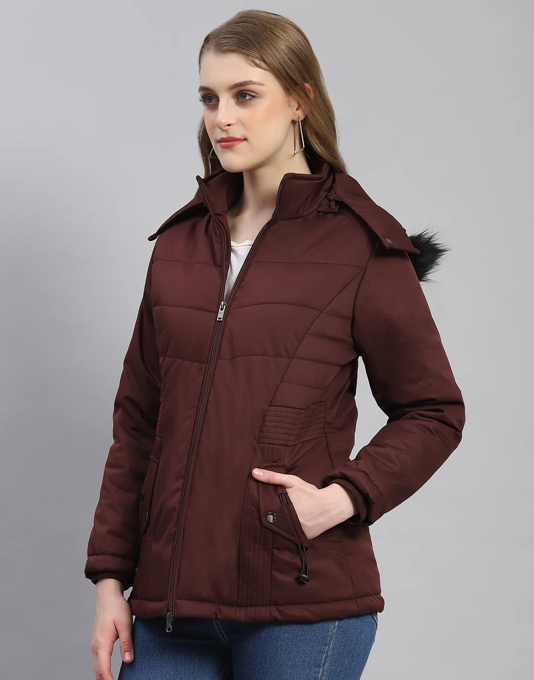 Women Maroon Solid Hooded Full Sleeve Jacket - Image 3