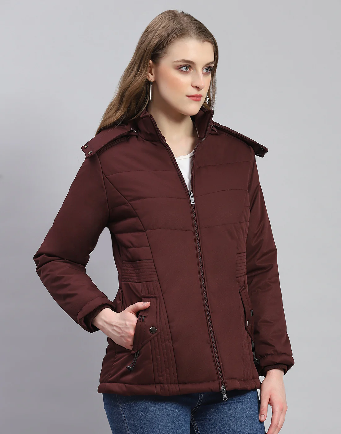 Women Maroon Solid Hooded Full Sleeve Jacket - Image 4
