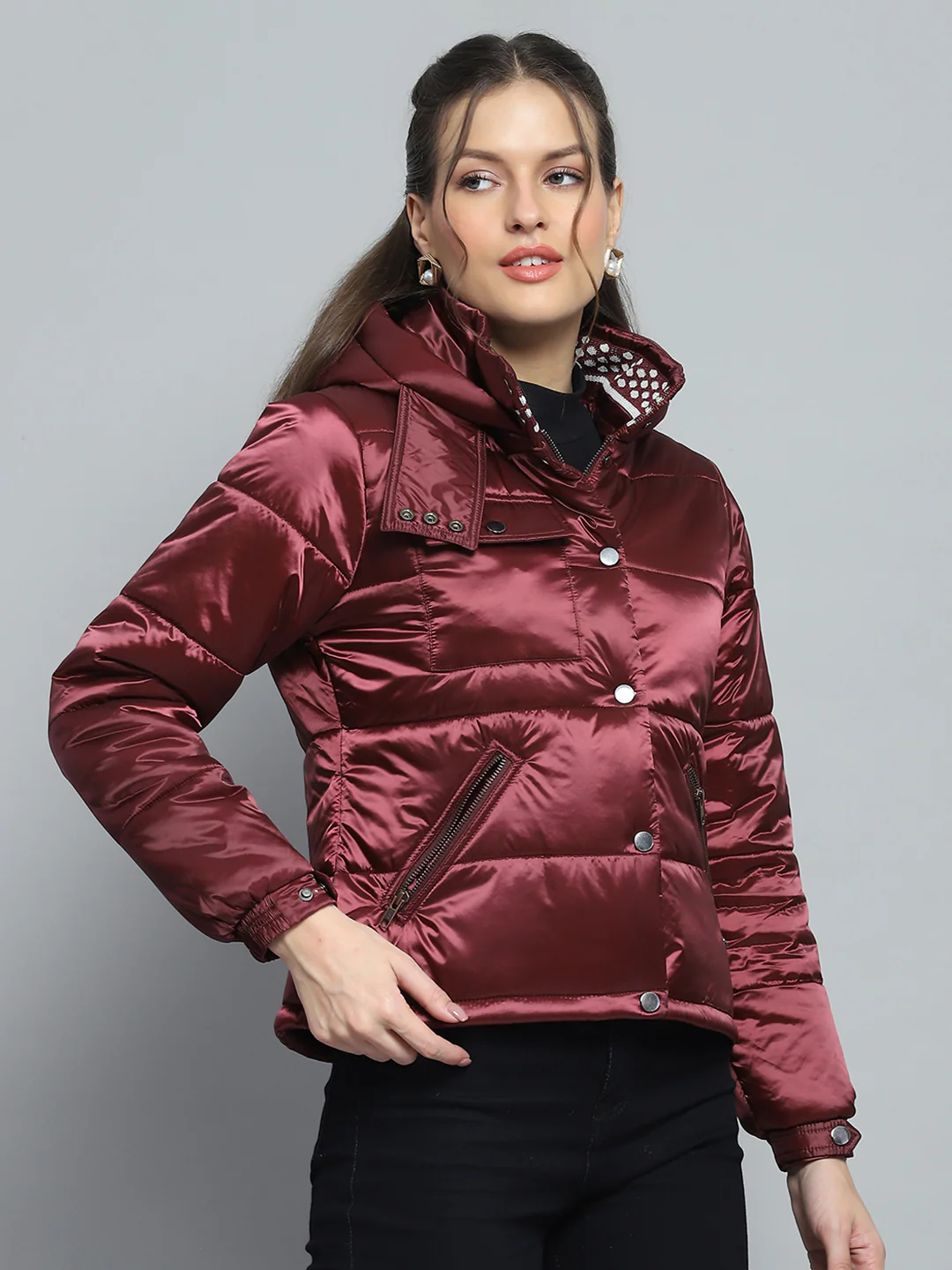Women Maroon Solid Hooded Full Sleeve Jacket - Image 4