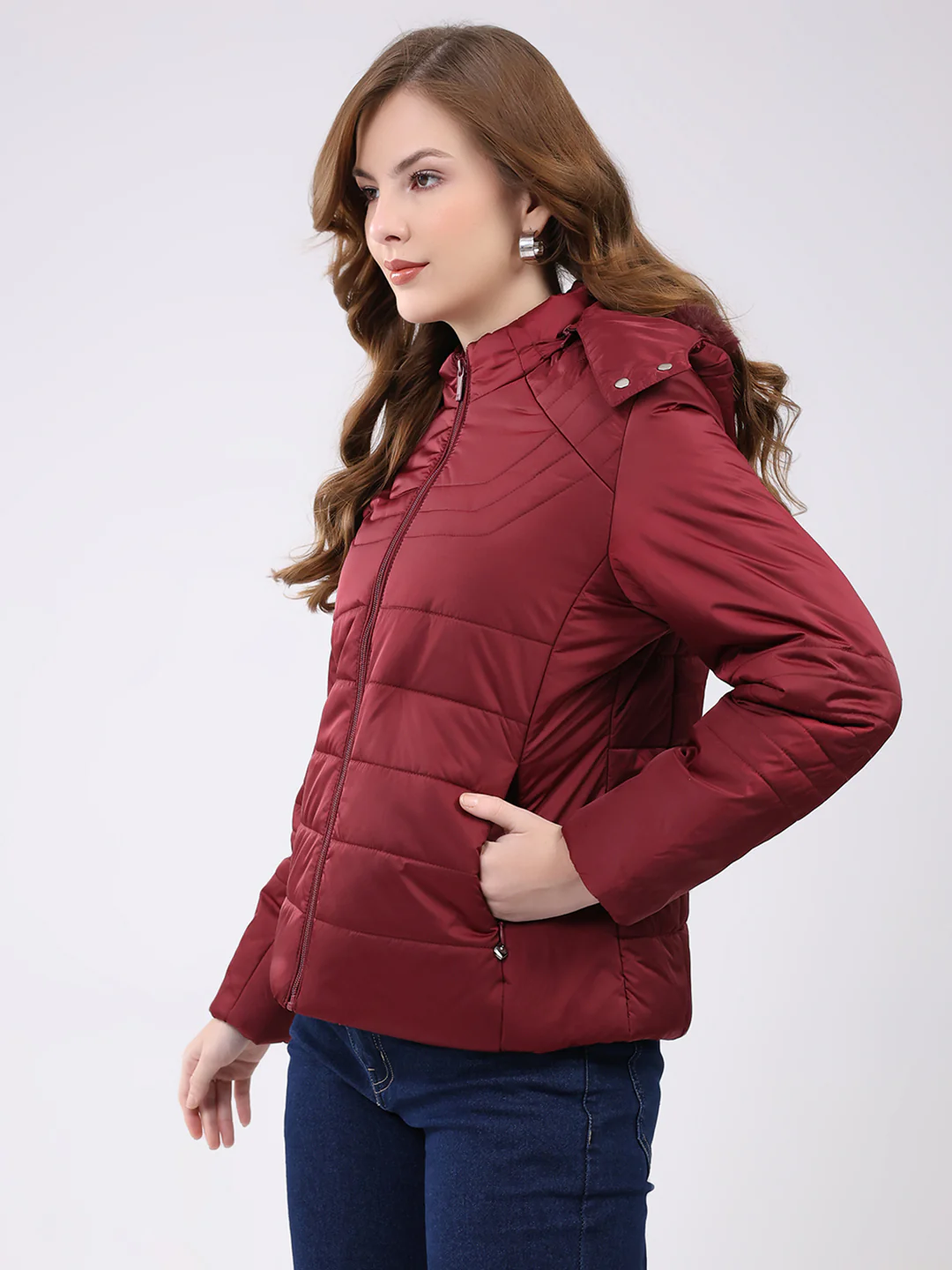 Women Maroon Solid Hooded Full Sleeve Jacket - Image 3