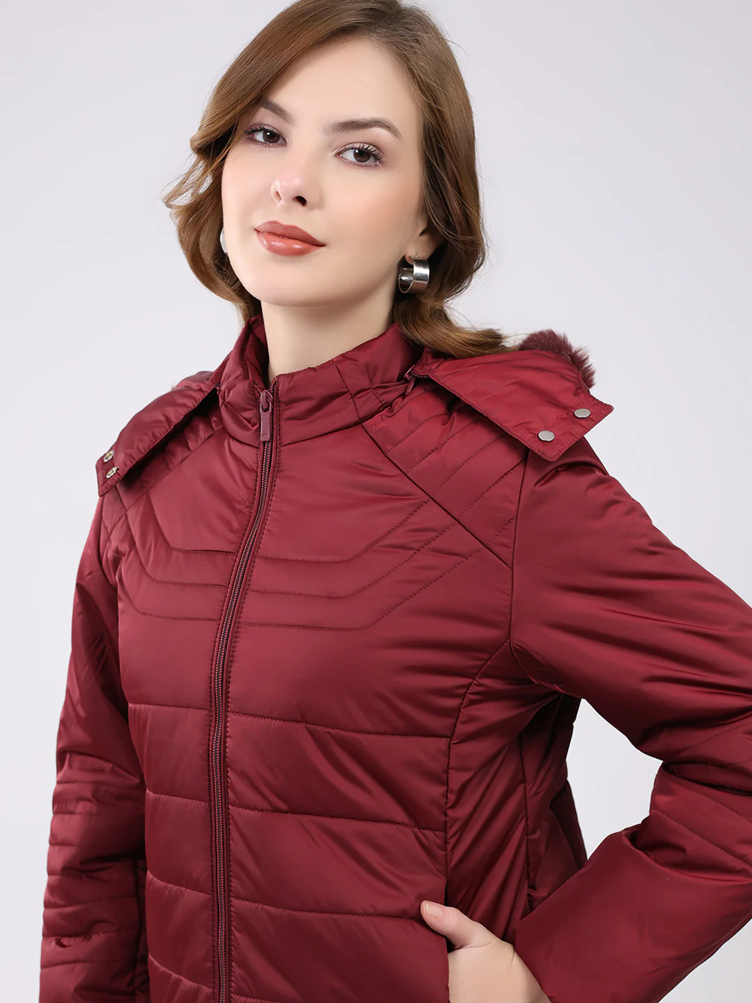 Women Maroon Solid Hooded Full Sleeve Jacket - Image 7