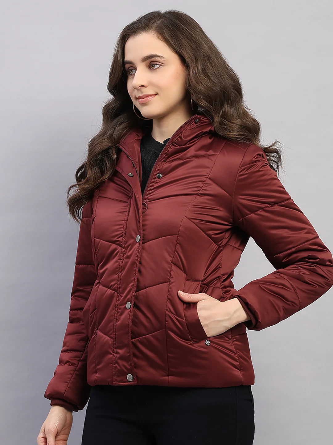 Women Maroon Solid Hooded Full Sleeve Jacket - Image 3