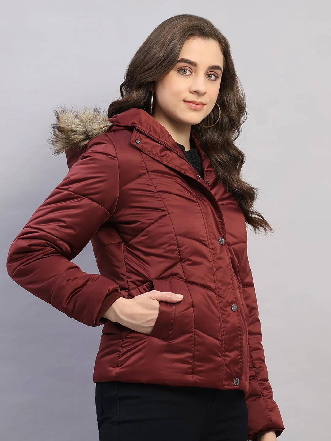 Women Maroon Solid Hooded Full Sleeve Jacket - Image 4