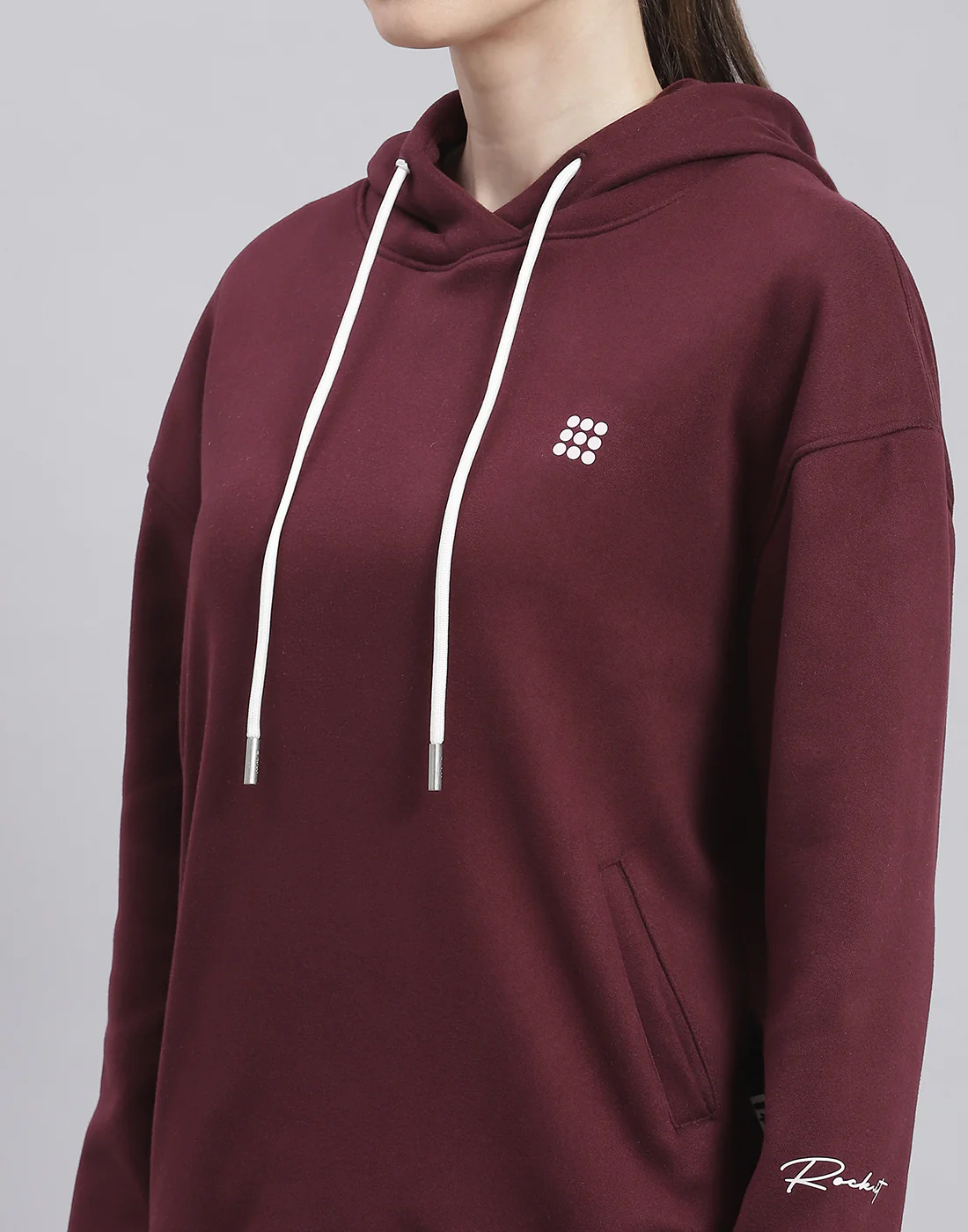 Rock.it Women Maroon Solid Hooded Full Sleeve Sweatshirt - Image 6