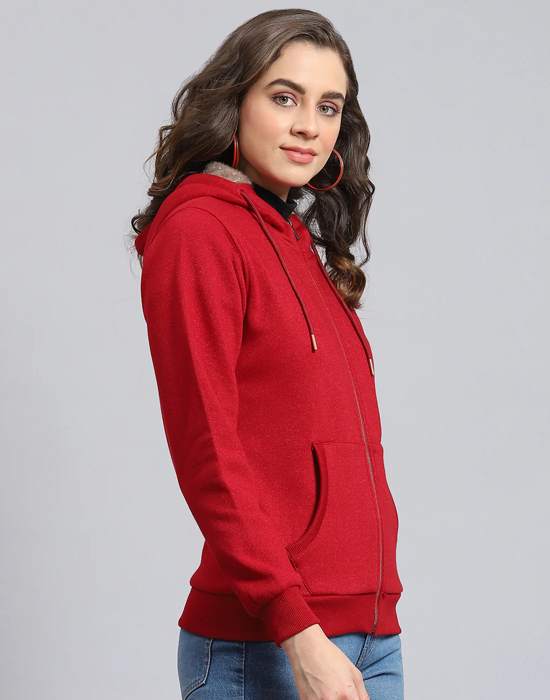 Women Maroon Solid Hooded Full Sleeve Sweatshirt - Image 4