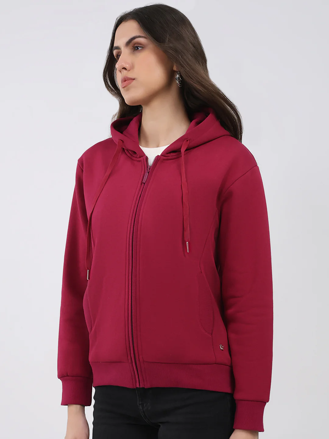Women Maroon Solid Hooded Full Sleeve Sweatshirt - Image 3