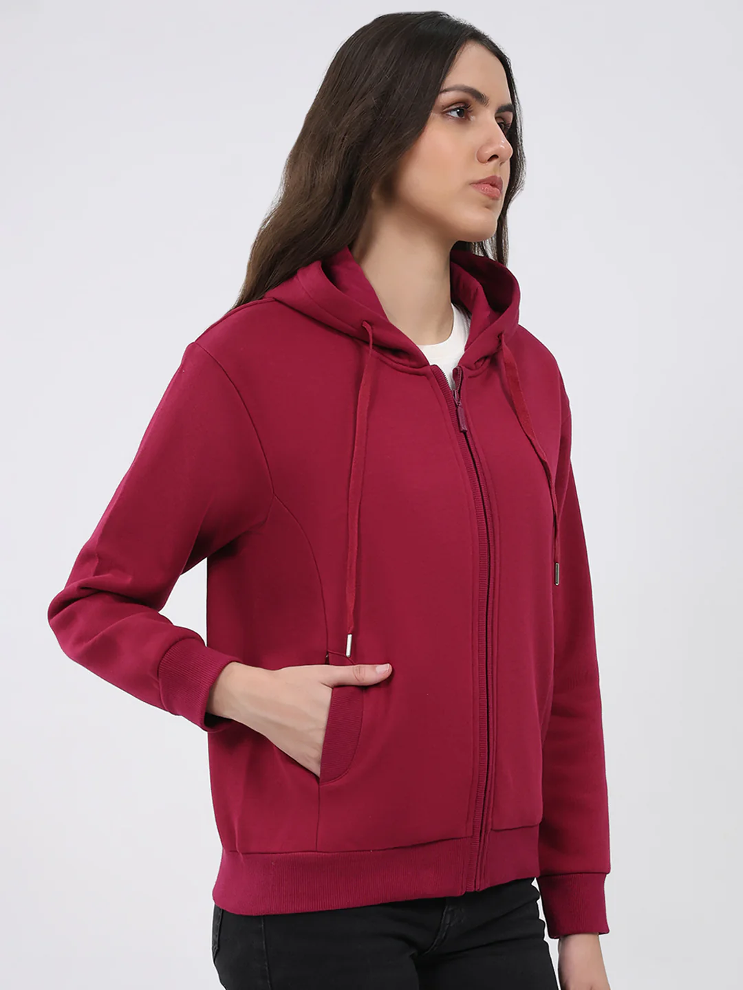 Women Maroon Solid Hooded Full Sleeve Sweatshirt - Image 4