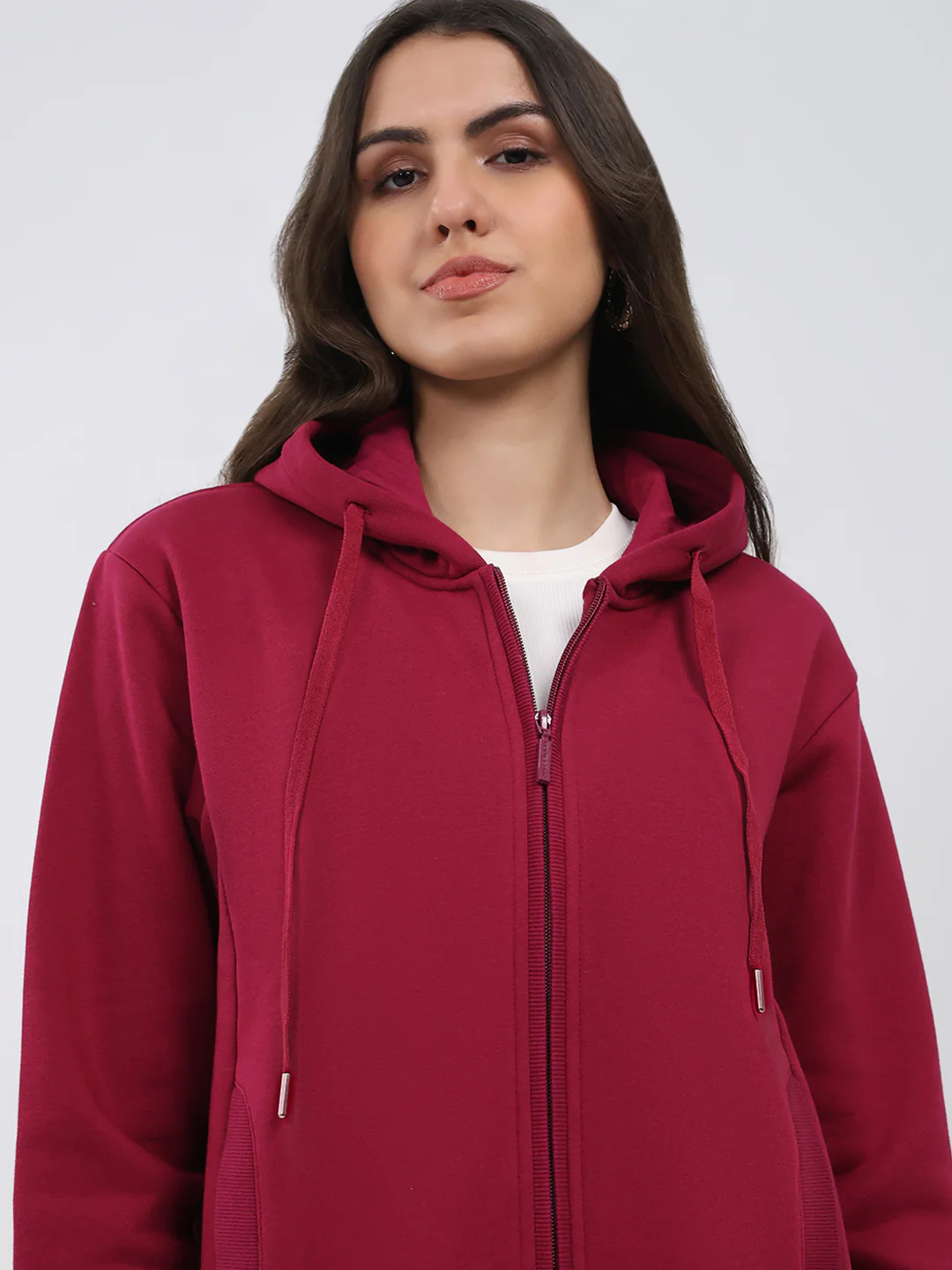 Women Maroon Solid Hooded Full Sleeve Sweatshirt - Image 7