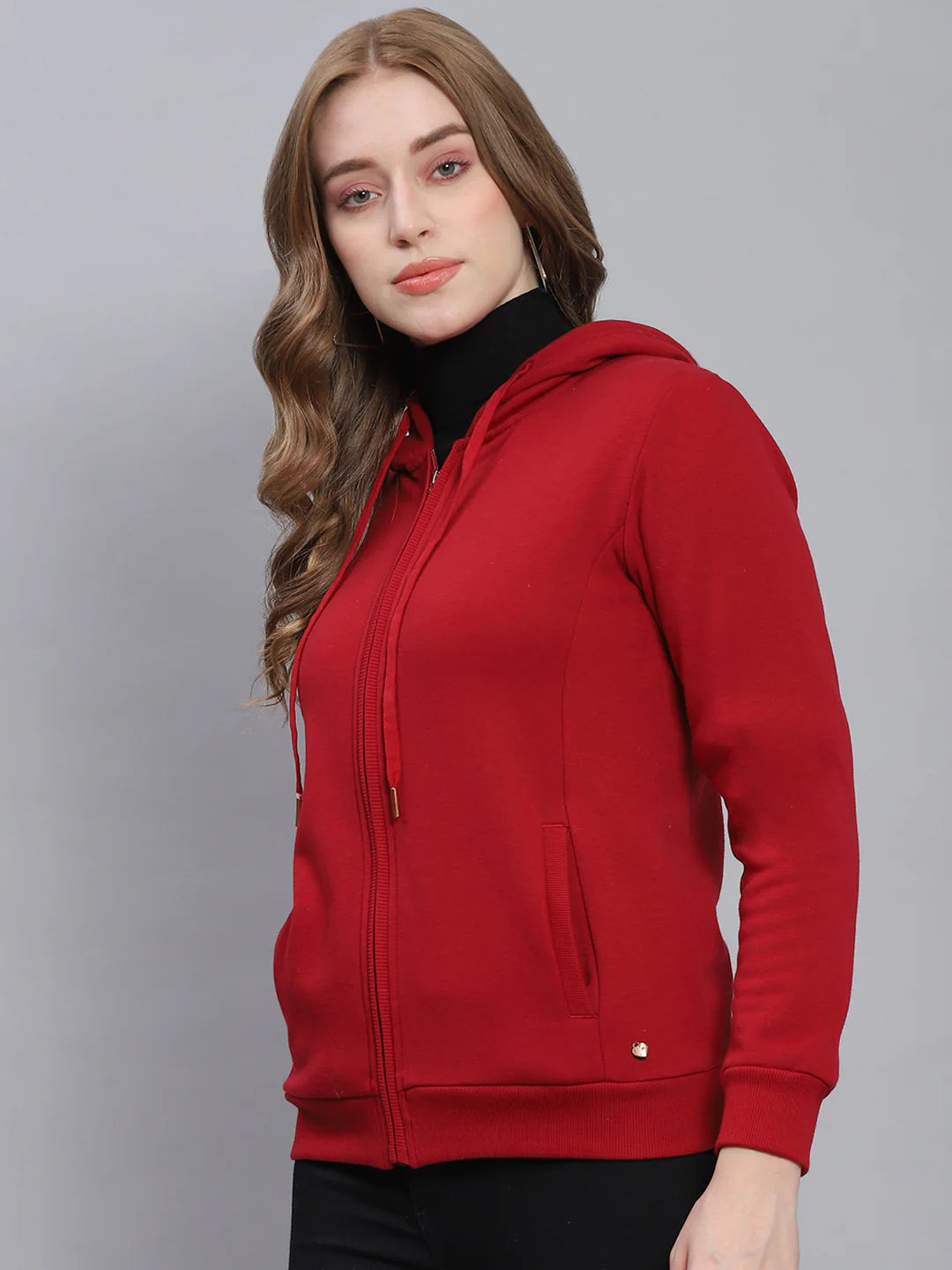 Women Maroon Solid Hooded Full Sleeve Sweatshirts - Image 3