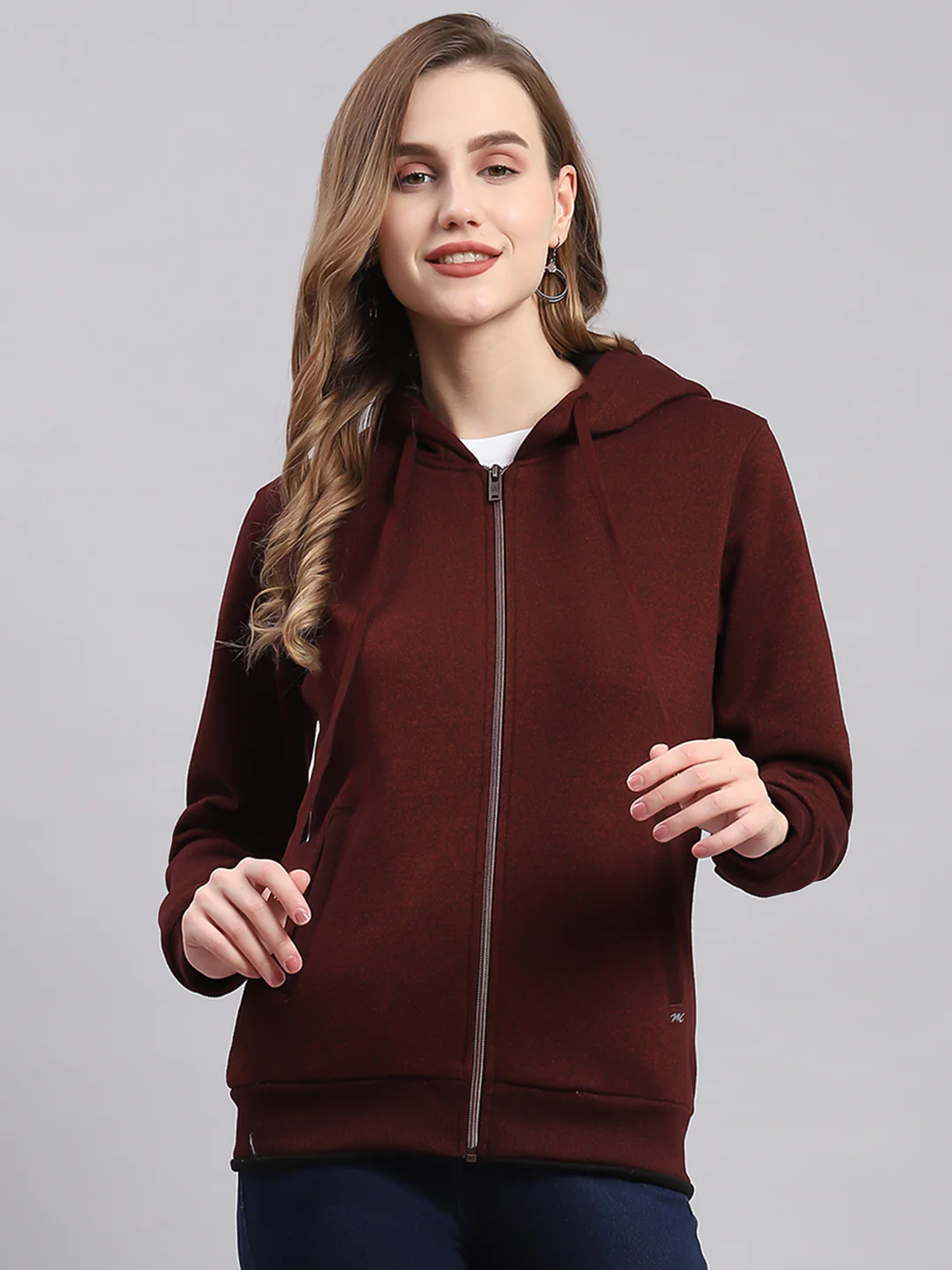 Women Maroon Solid Hooded Full Sleeve Sweatshirts - Image 2