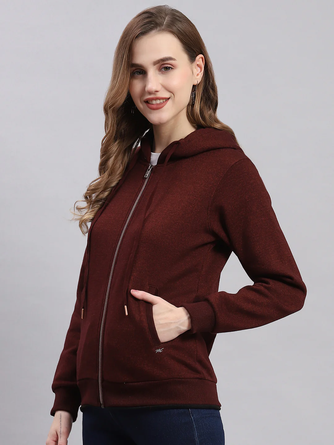 Women Maroon Solid Hooded Full Sleeve Sweatshirts - Image 3