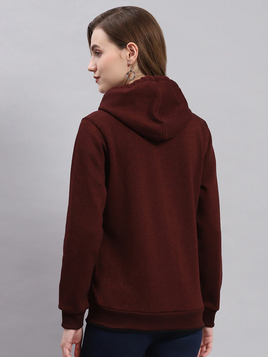 Women Maroon Solid Hooded Full Sleeve Sweatshirts - Image 5