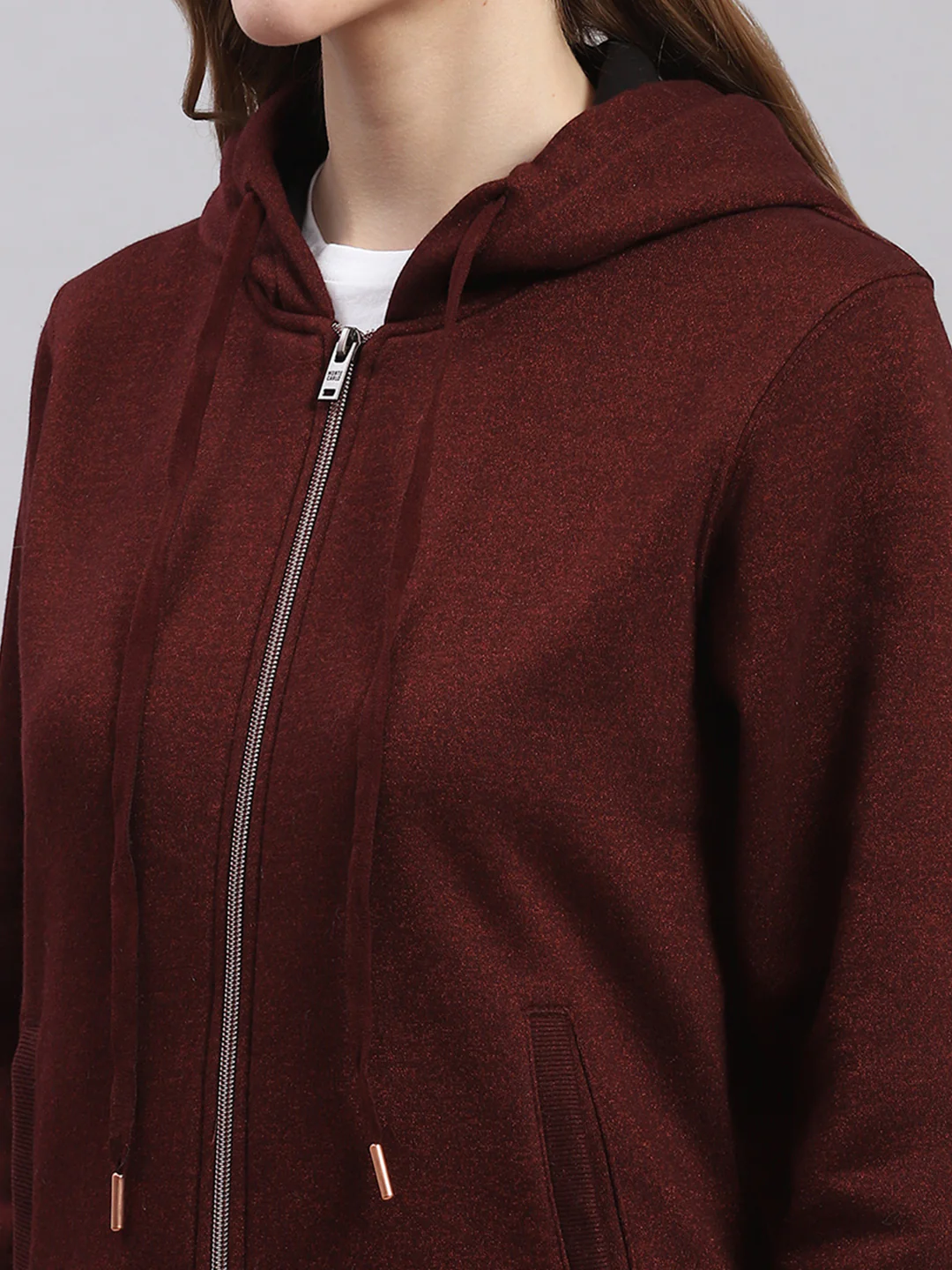 Women Maroon Solid Hooded Full Sleeve Sweatshirts - Image 6