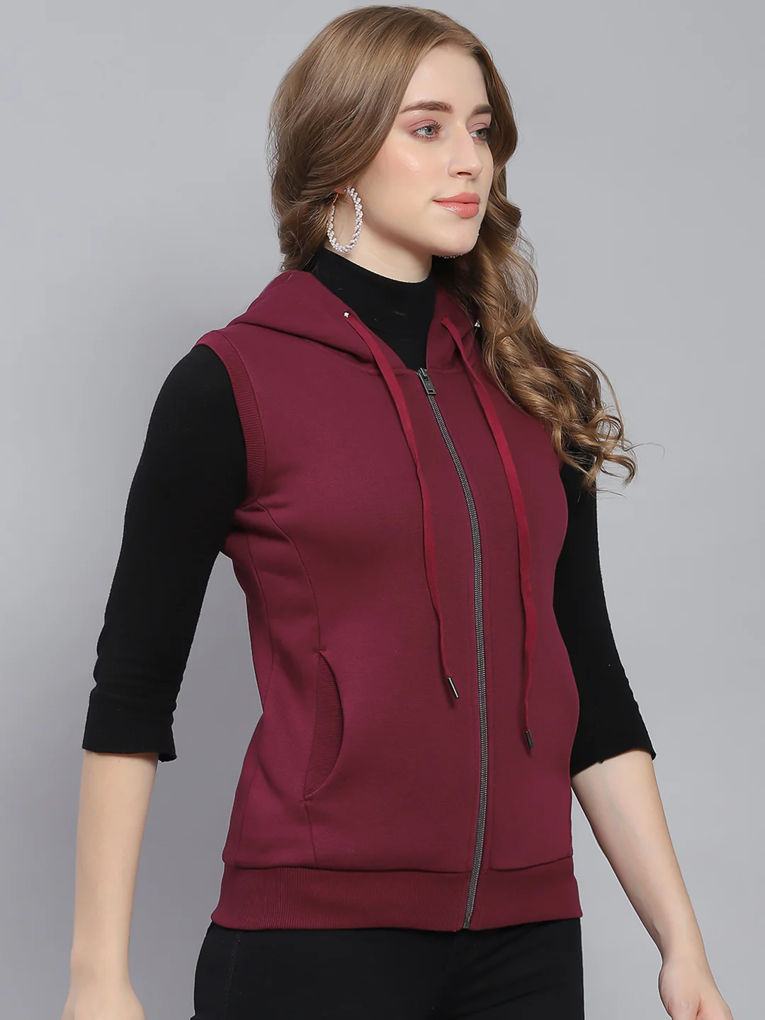 Women Maroon Solid Hooded Sleeveless Sweatshirts - Image 4