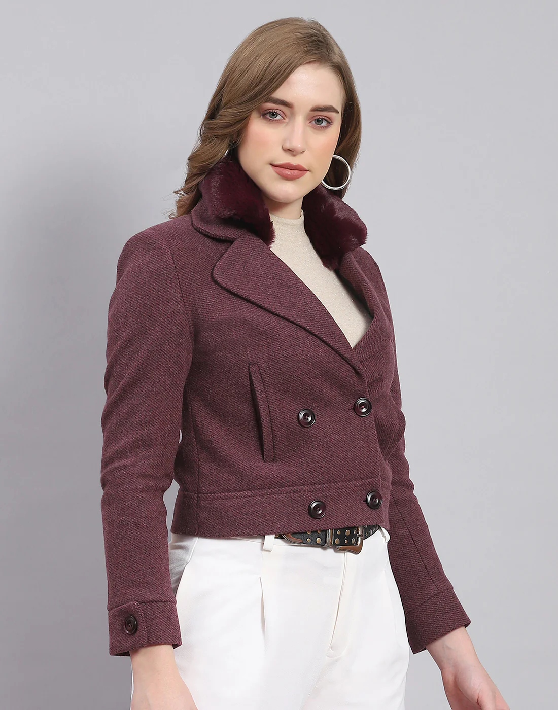 Women Maroon Solid Lapel Collar Full Sleeve Coat - Image 5