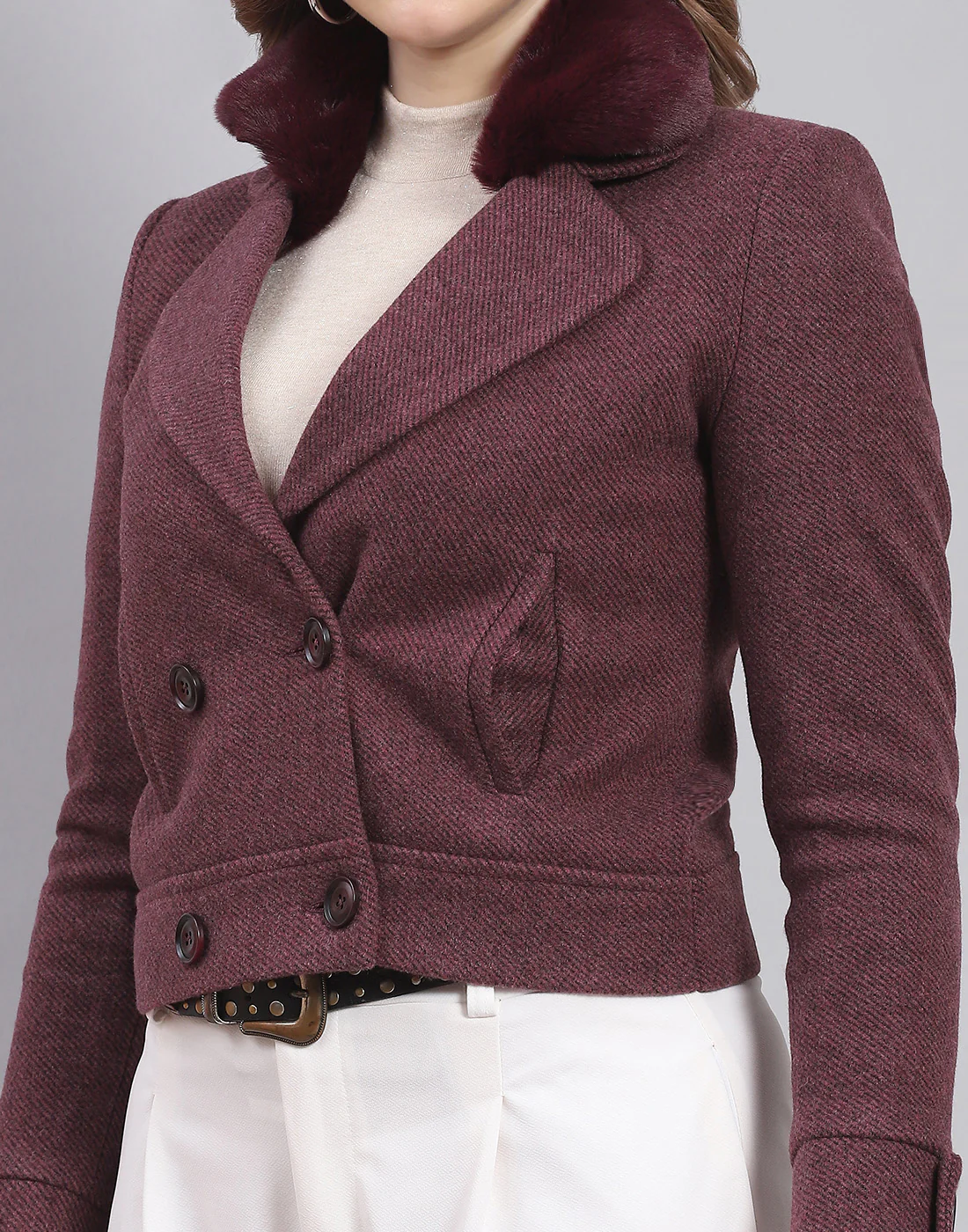 Women Maroon Solid Lapel Collar Full Sleeve Coat - Image 7