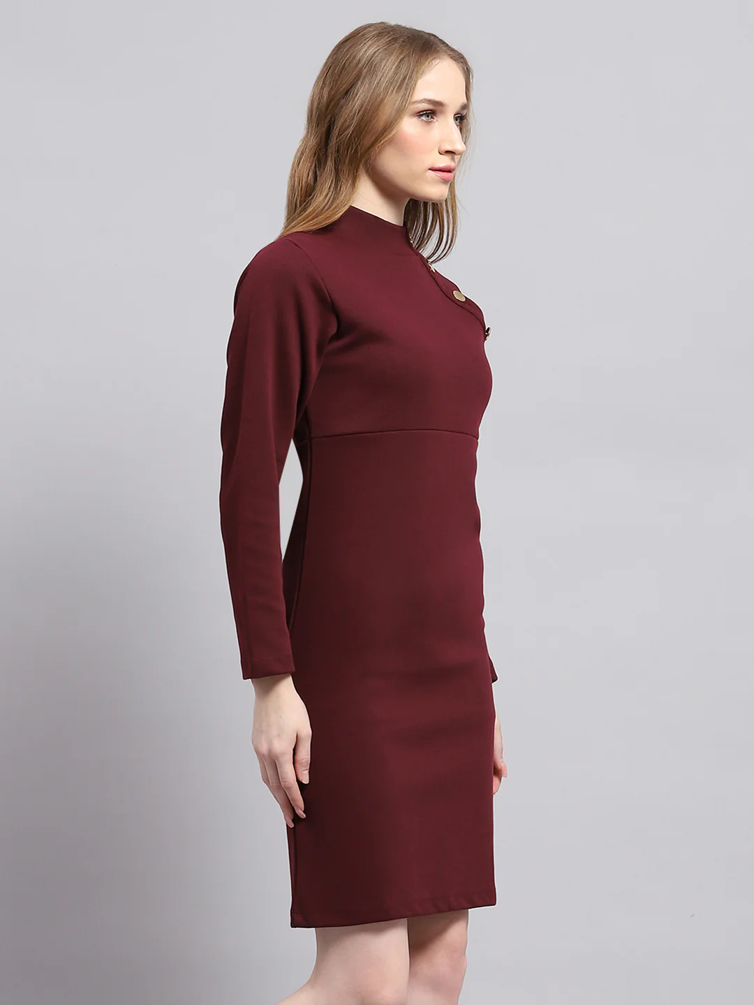 Women Maroon Solid Mock Neck Full Sleeve Dress - Image 4