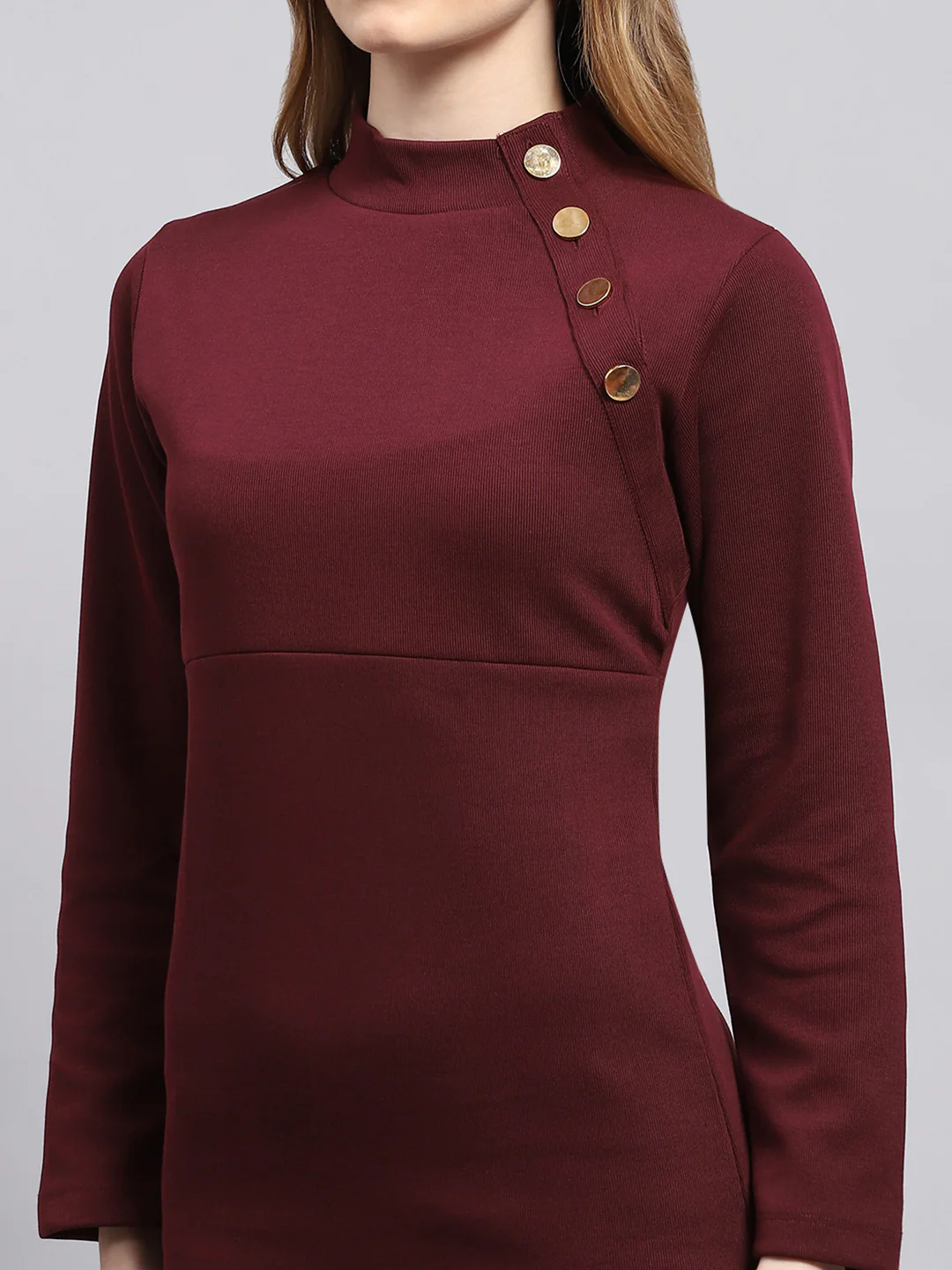 Women Maroon Solid Mock Neck Full Sleeve Dress - Image 6