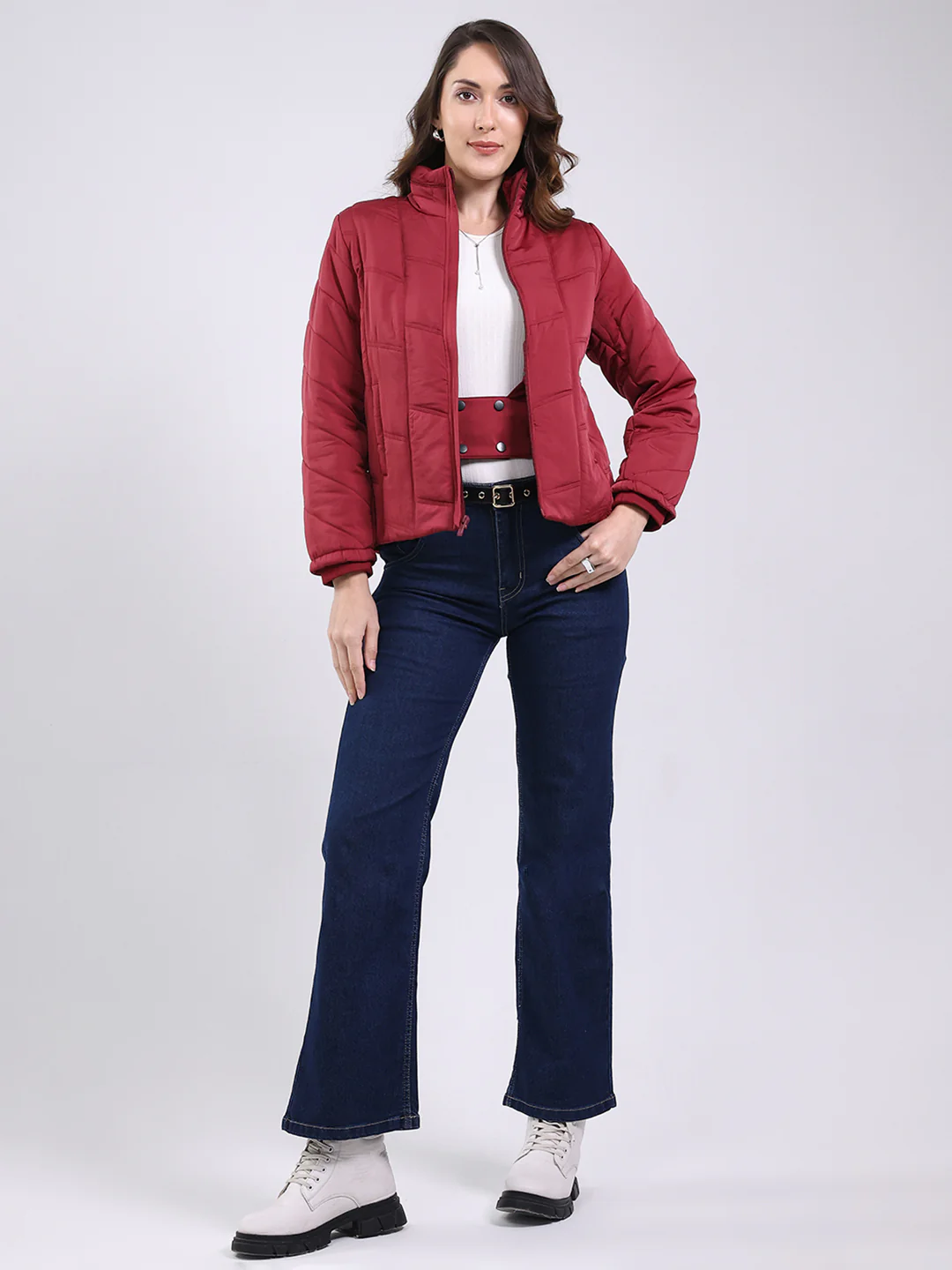 Women Maroon Solid Mock Neck Full Sleeve Jacket - Image 2