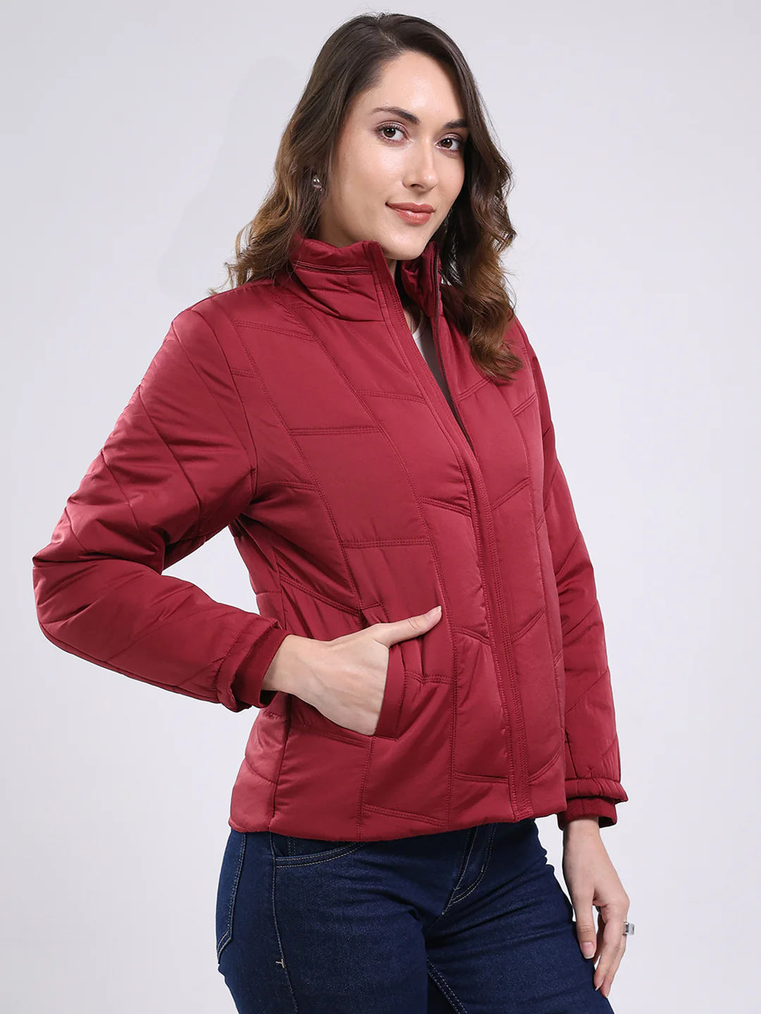 Women Maroon Solid Mock Neck Full Sleeve Jacket - Image 4