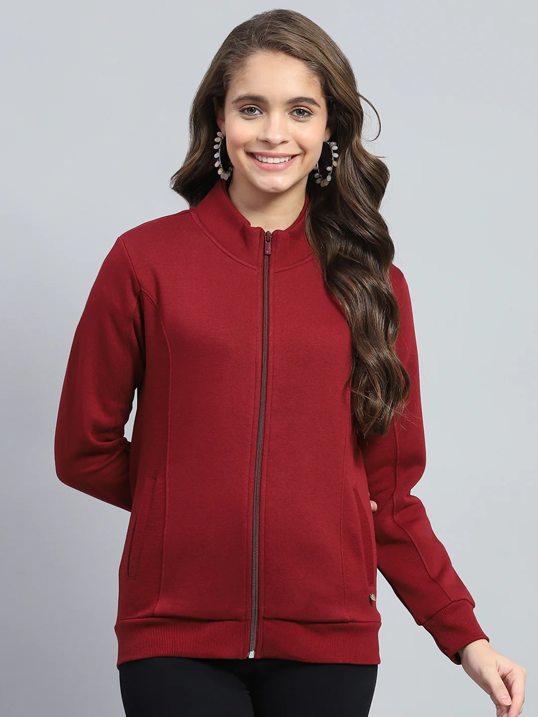 Women Maroon Solid Mock Neck Full Sleeve Sweatshirt - Image 2