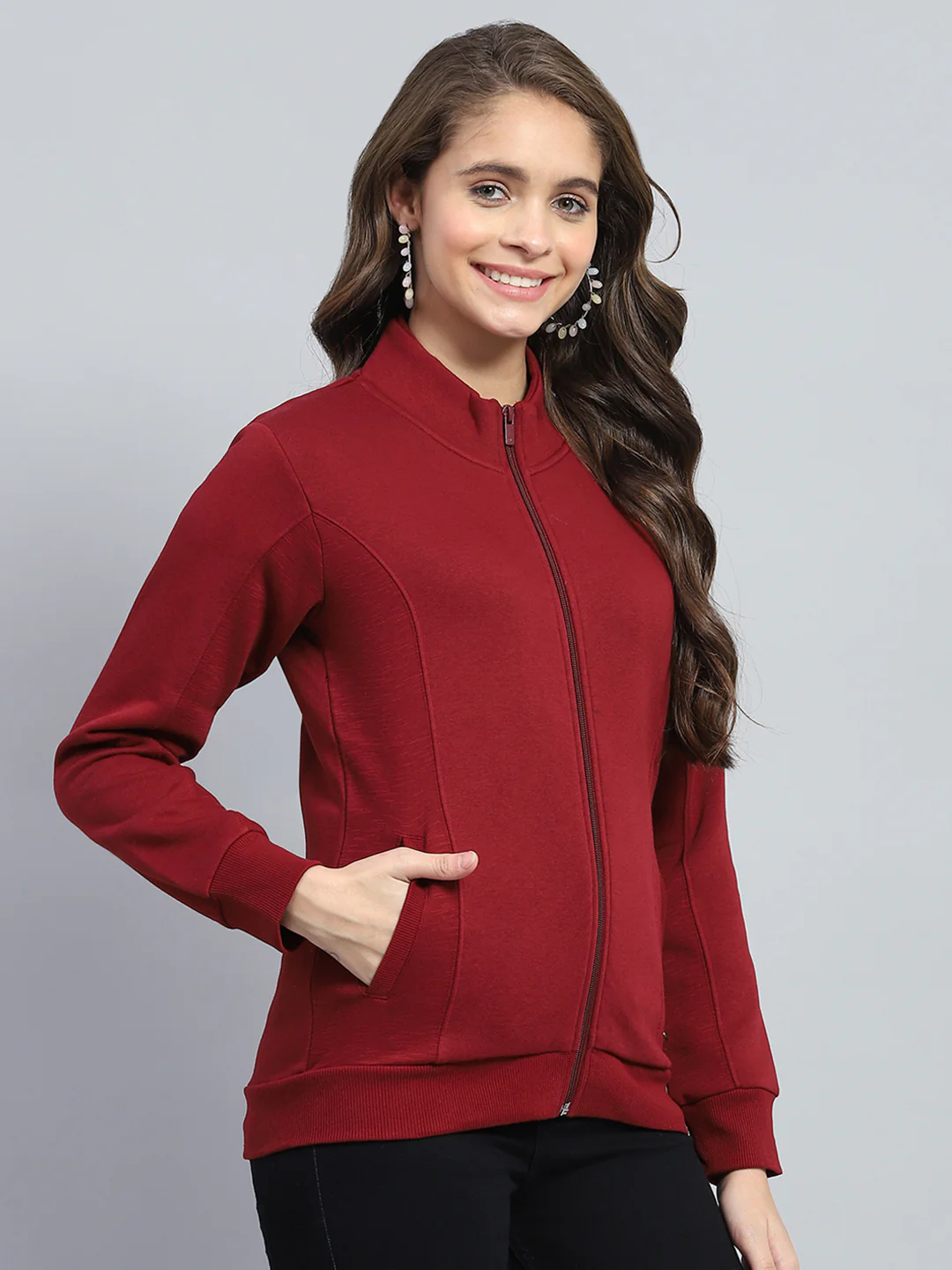 Women Maroon Solid Mock Neck Full Sleeve Sweatshirt - Image 4