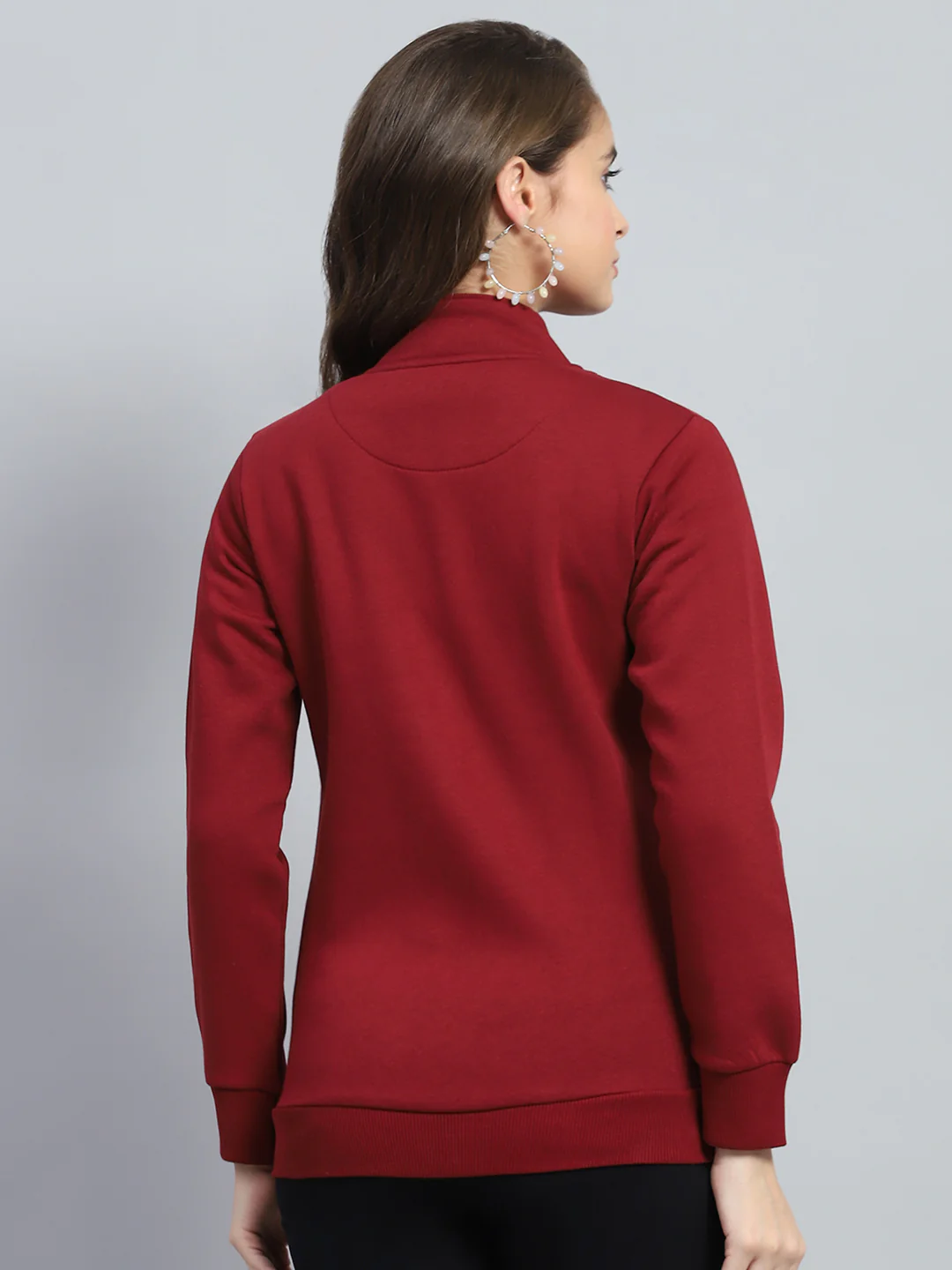 Women Maroon Solid Mock Neck Full Sleeve Sweatshirt - Image 5