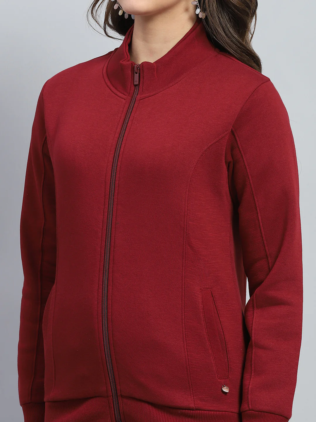 Women Maroon Solid Mock Neck Full Sleeve Sweatshirt - Image 6