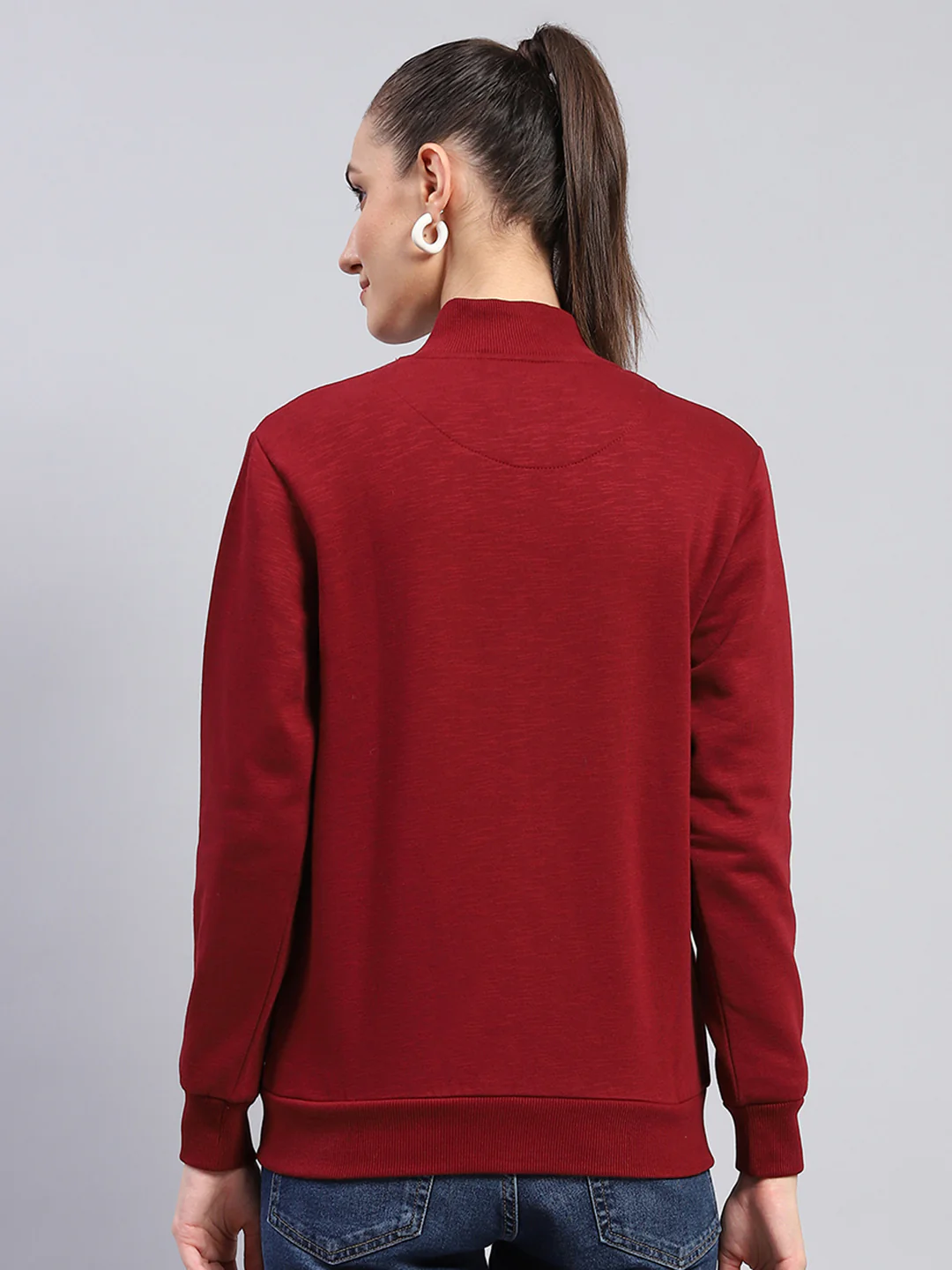 Women Maroon Solid Mock Neck Full Sleeve Sweatshirt - Image 5
