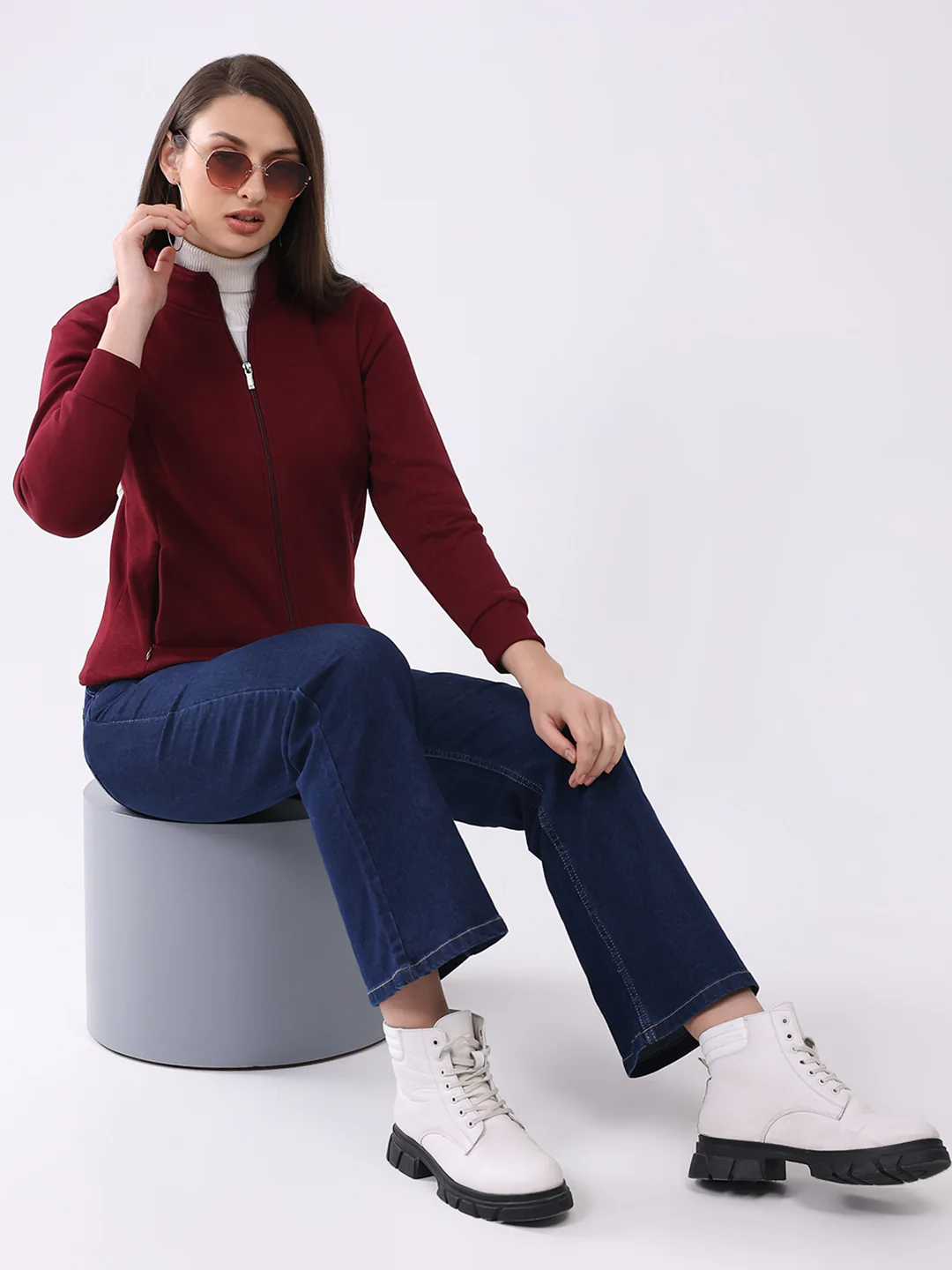 Women Maroon Solid Mock Neck Full Sleeve Sweatshirt - Image 2
