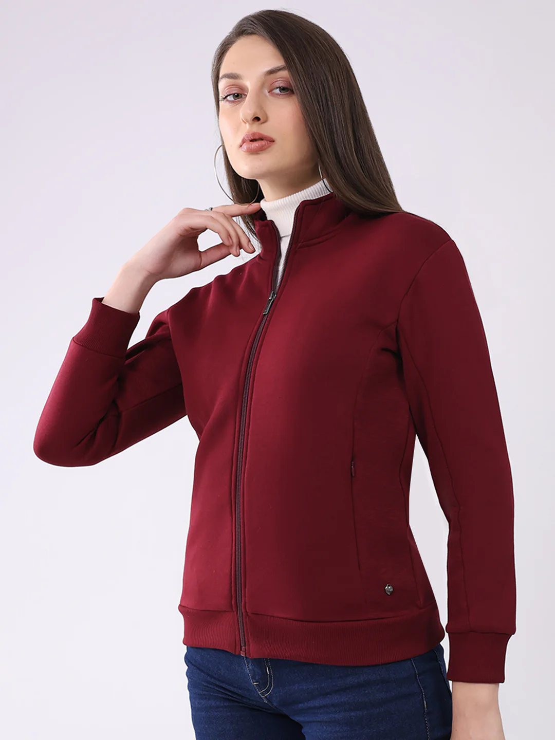 Women Maroon Solid Mock Neck Full Sleeve Sweatshirt - Image 3