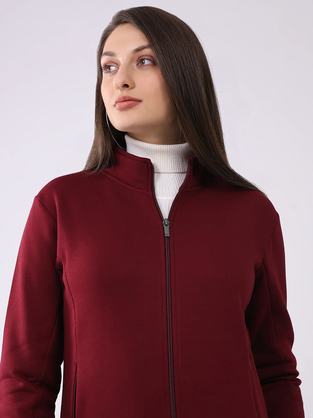 Women Maroon Solid Mock Neck Full Sleeve Sweatshirt - Image 7