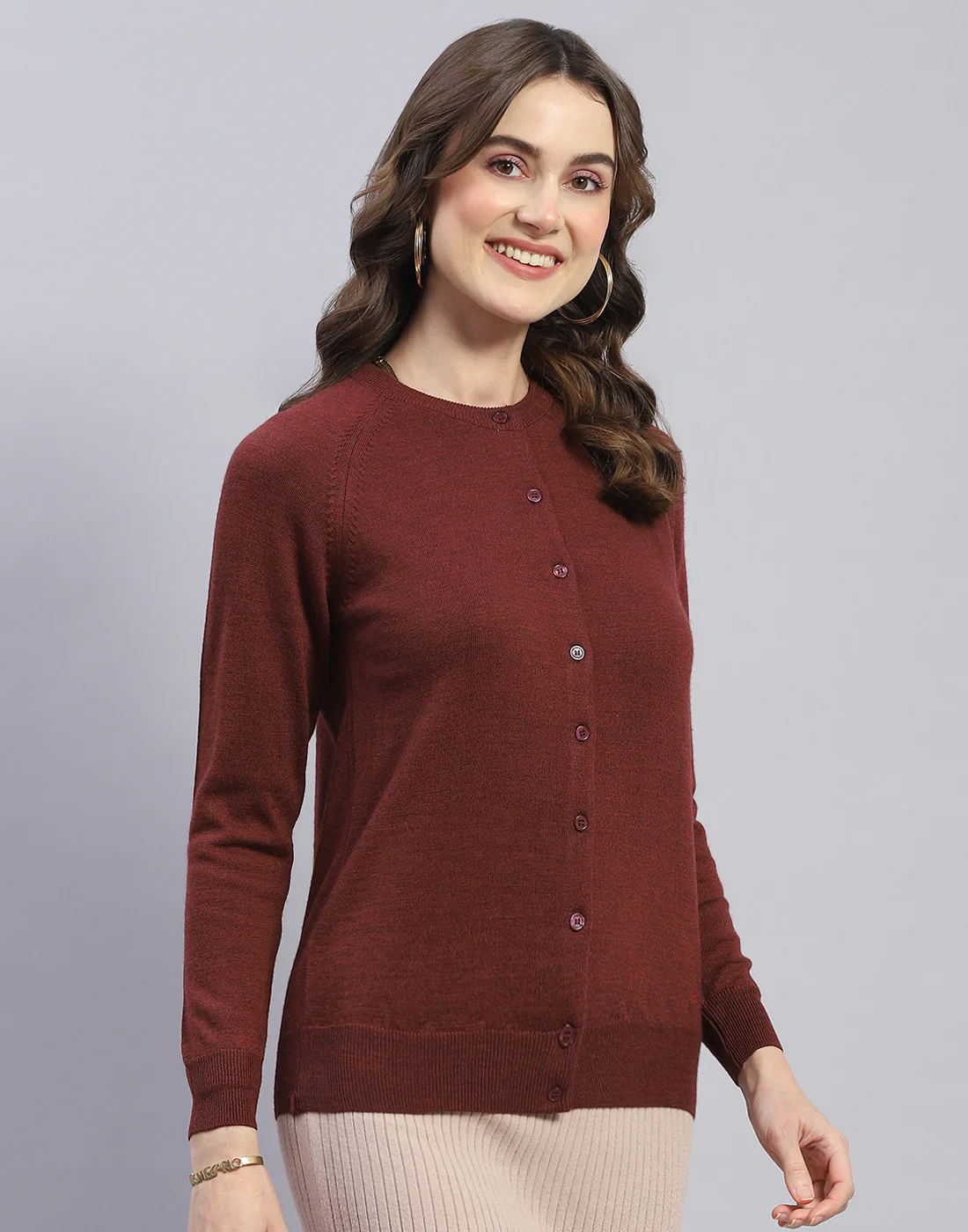 Women Maroon Solid Round Neck Full Sleeve Cardigan - Image 4