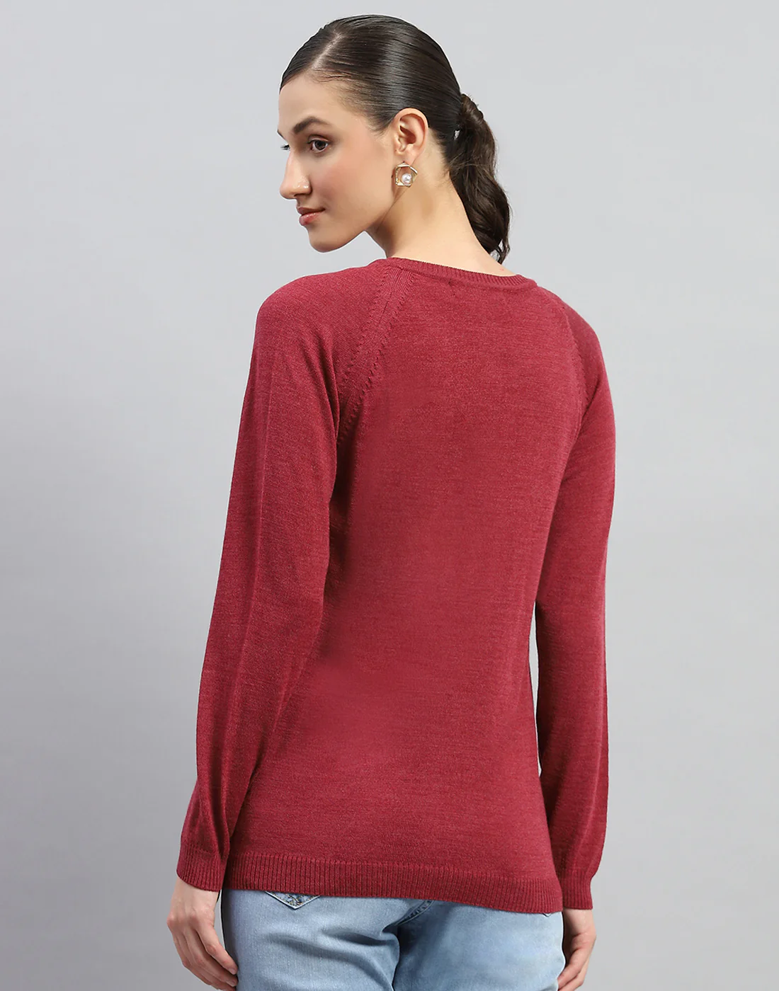 Women Maroon Solid Round Neck Full Sleeve Cardigan - Image 5