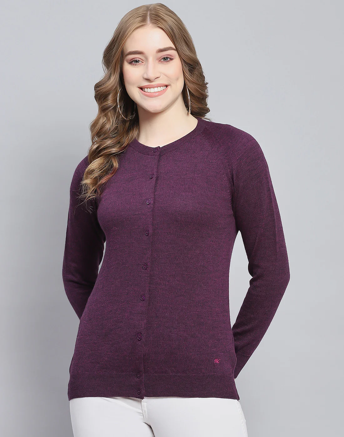 Women Maroon Solid Round Neck Full Sleeve Cardigan - Image 2
