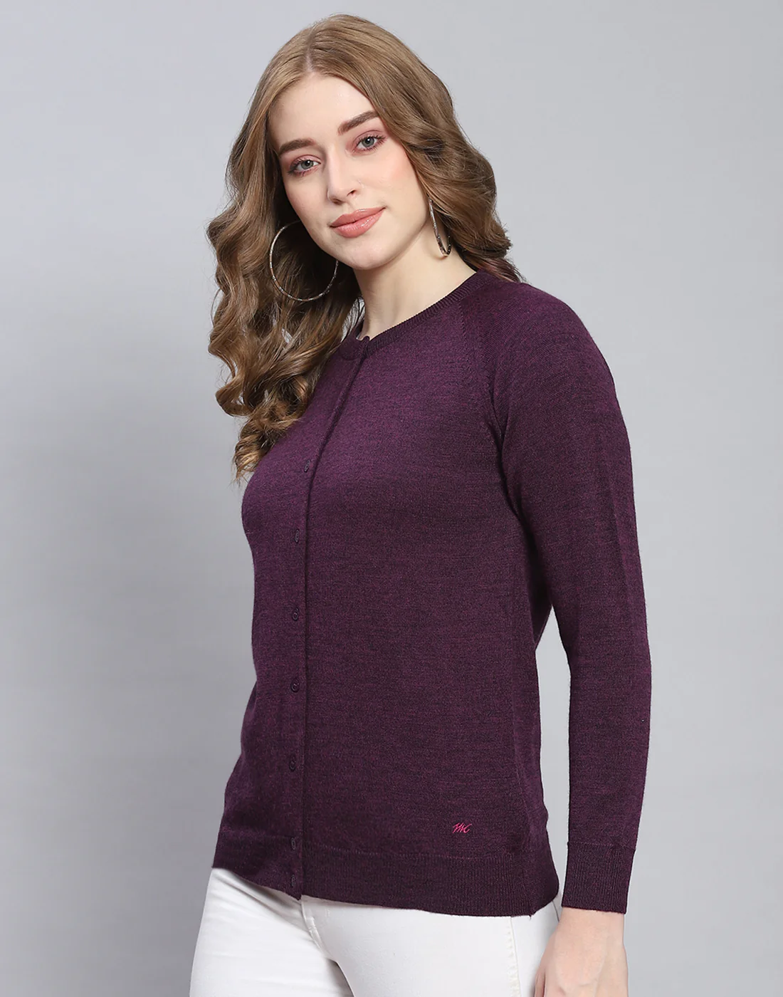 Women Maroon Solid Round Neck Full Sleeve Cardigan - Image 3