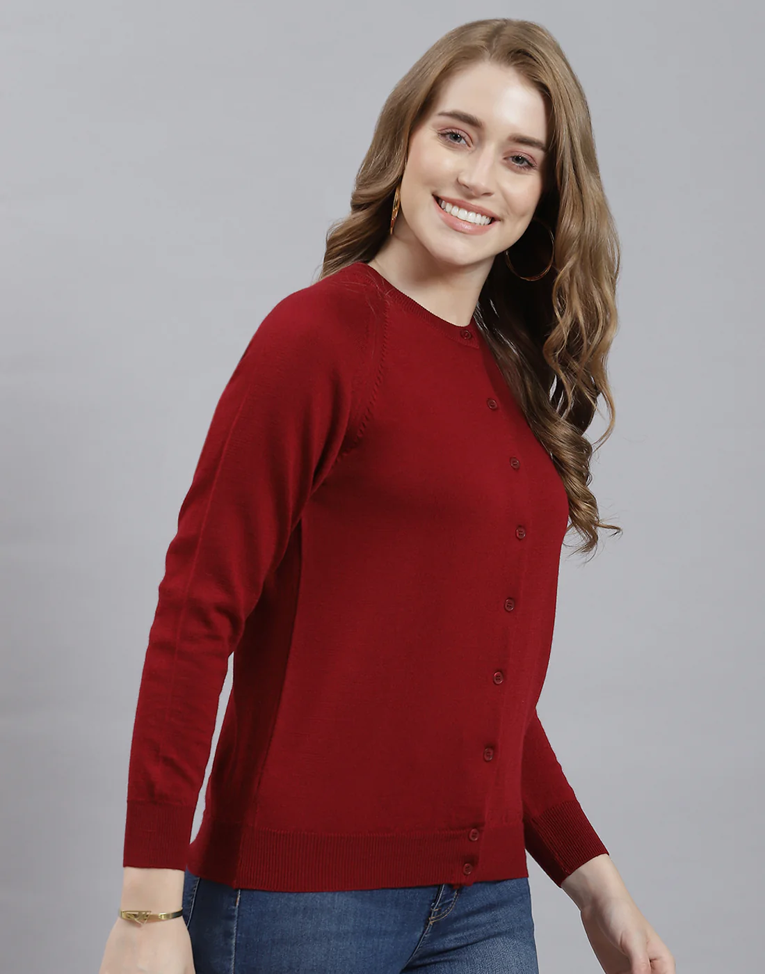 Women Maroon Solid Round Neck Full Sleeve Cardigan - Image 4