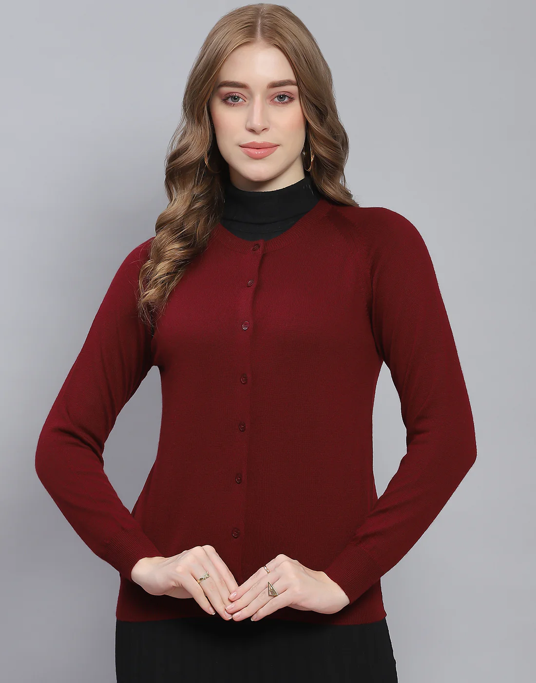 Women Maroon Solid Round Neck Full Sleeve Cardigan - Image 2