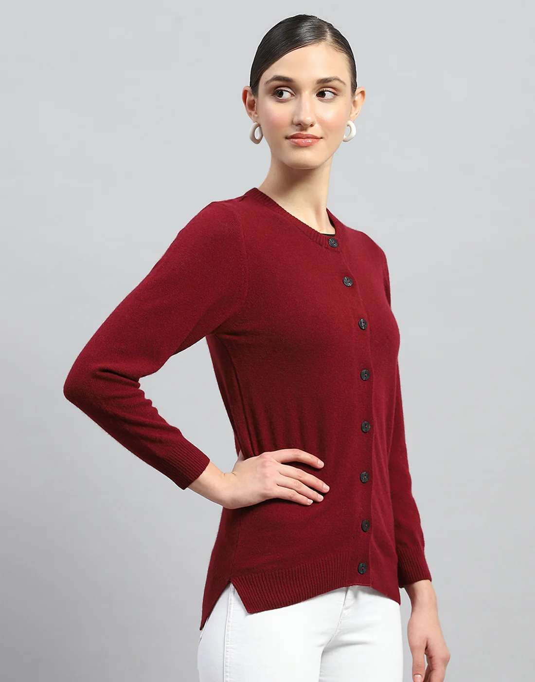 Women Maroon Solid Round Neck Full Sleeve Cardigan - Image 4