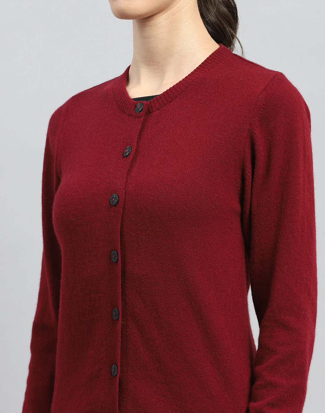 Women Maroon Solid Round Neck Full Sleeve Cardigan - Image 7
