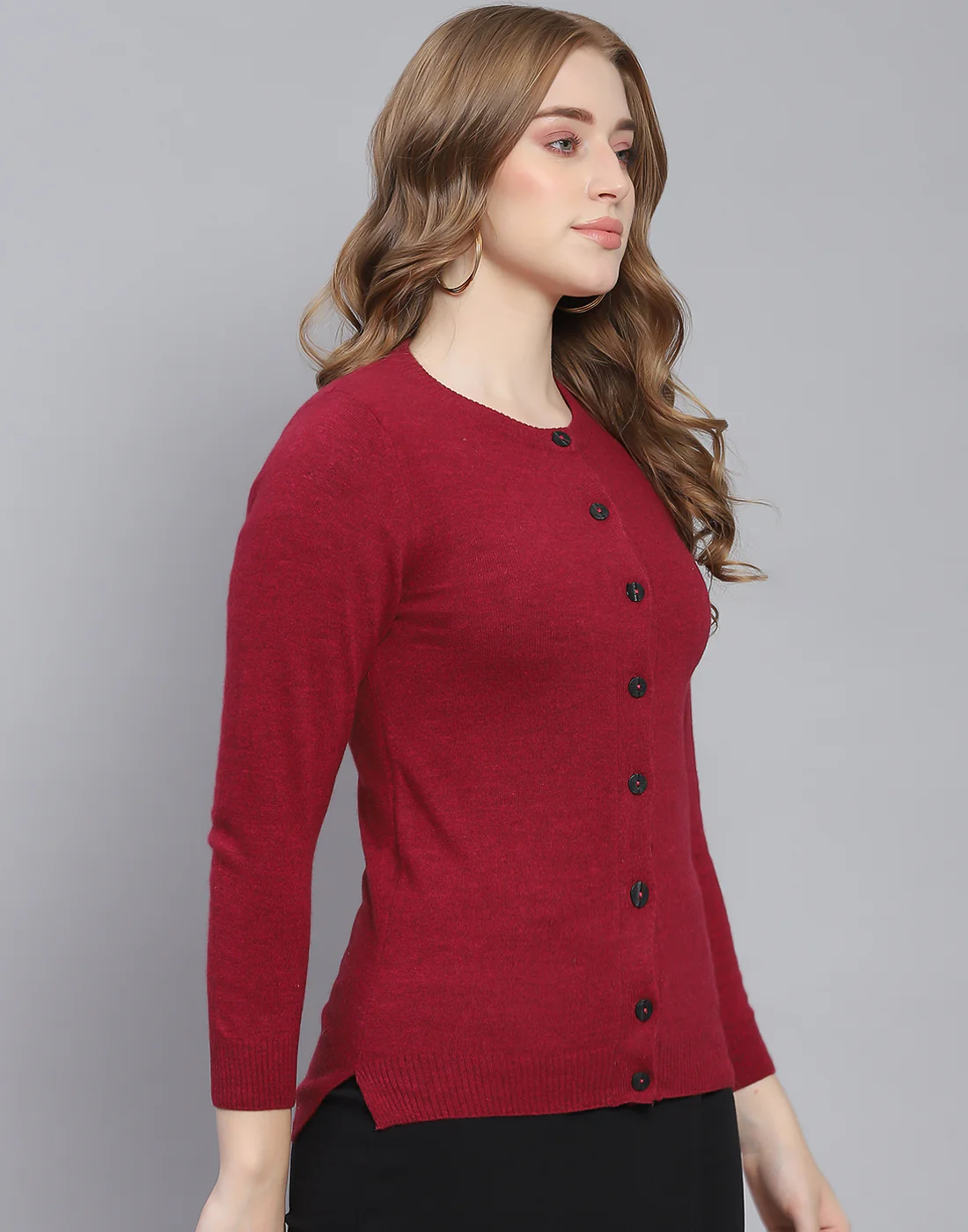 Women Maroon Solid Round Neck Full Sleeve Cardigan - Image 4