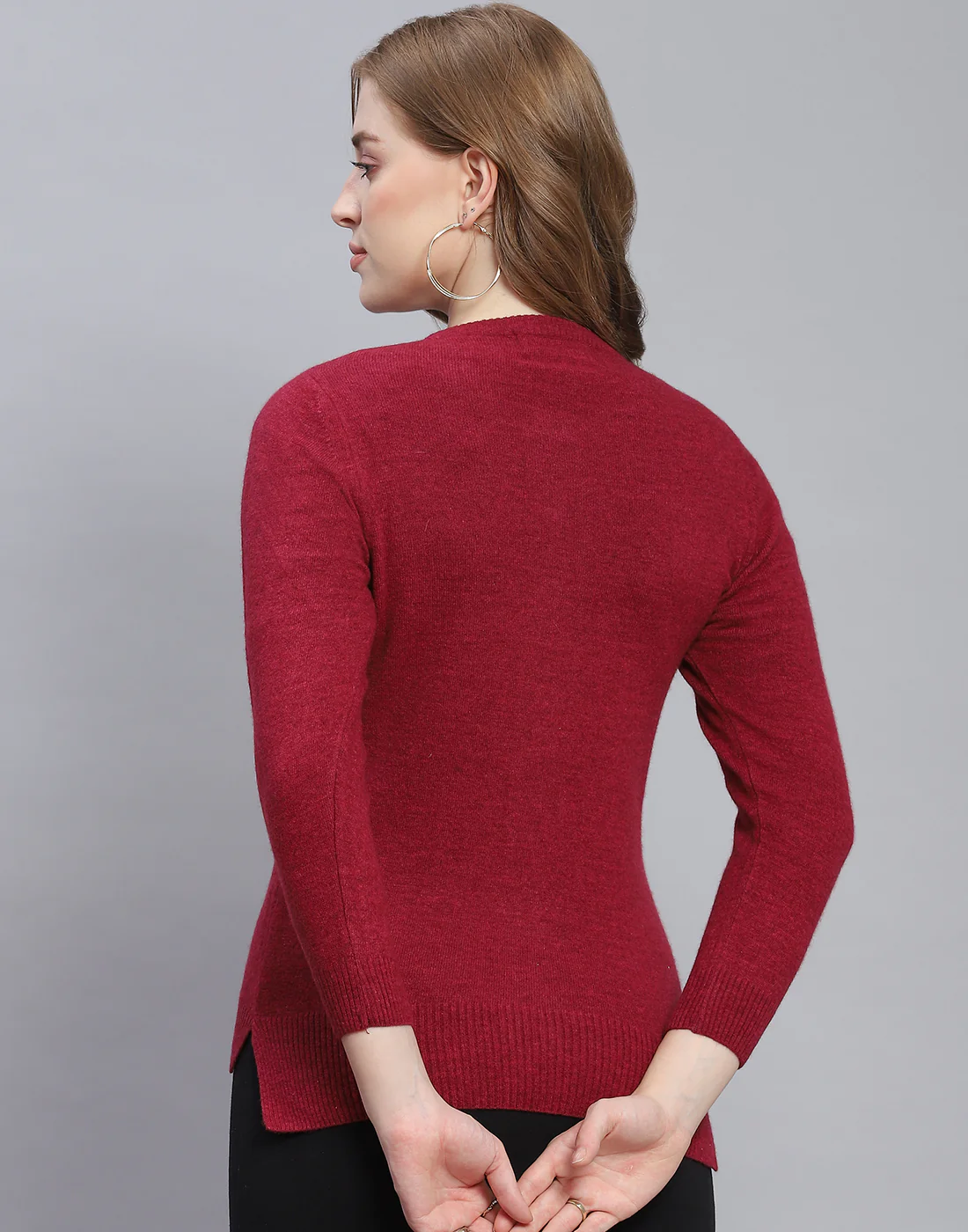 Women Maroon Solid Round Neck Full Sleeve Cardigan - Image 5