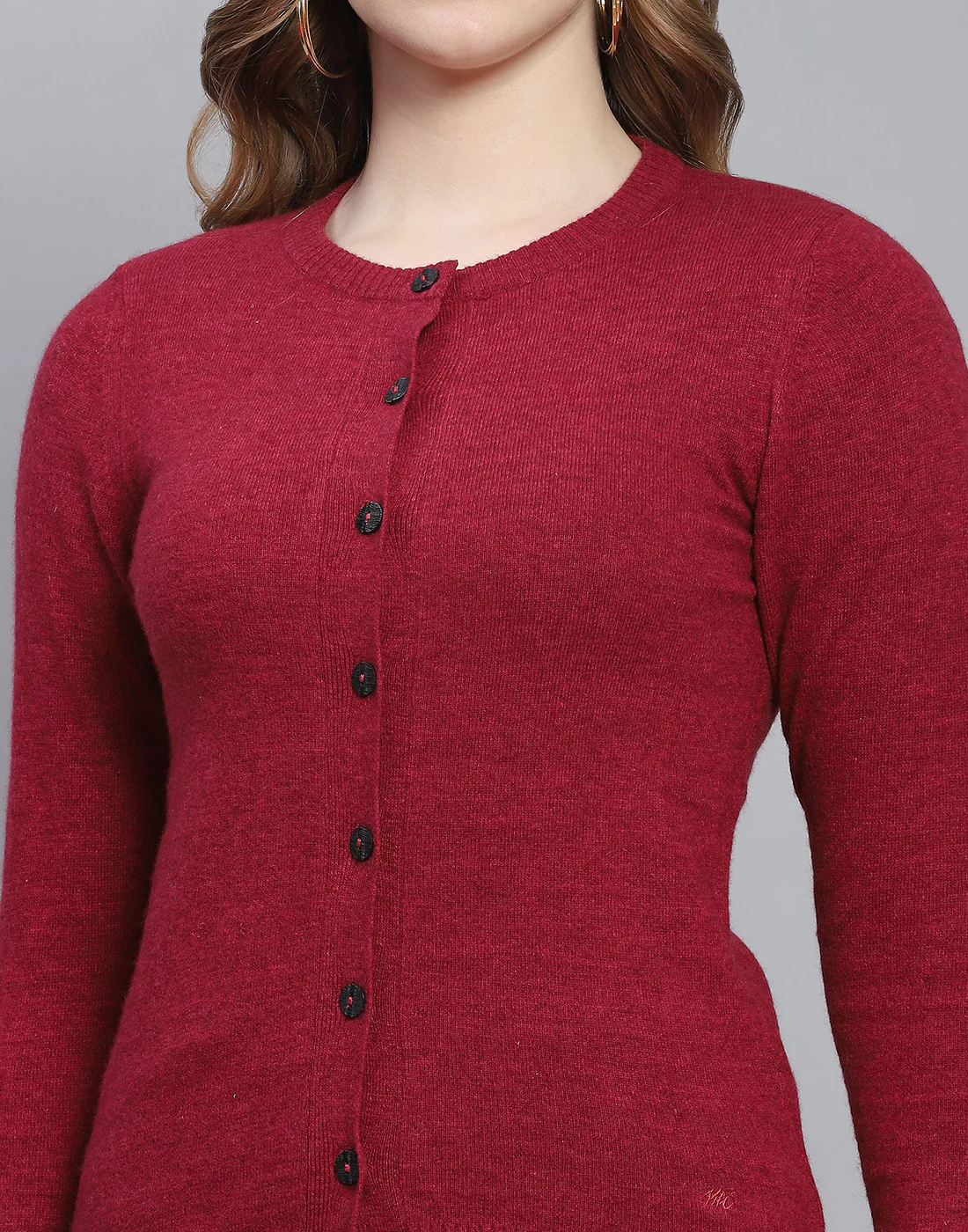 Women Maroon Solid Round Neck Full Sleeve Cardigan - Image 6
