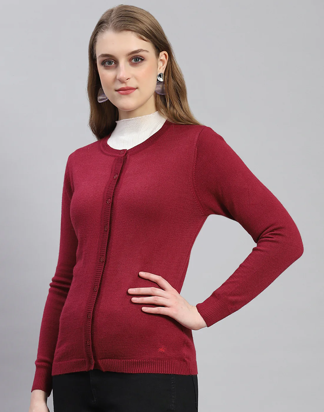 Women Maroon Solid Round Neck Full Sleeve Cardigan - Image 3
