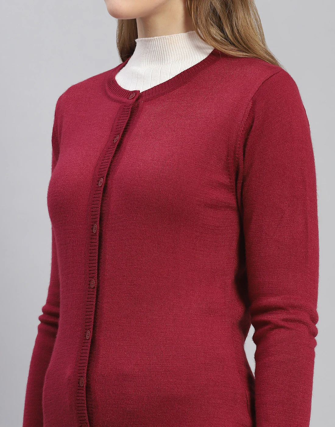 Women Maroon Solid Round Neck Full Sleeve Cardigan - Image 6